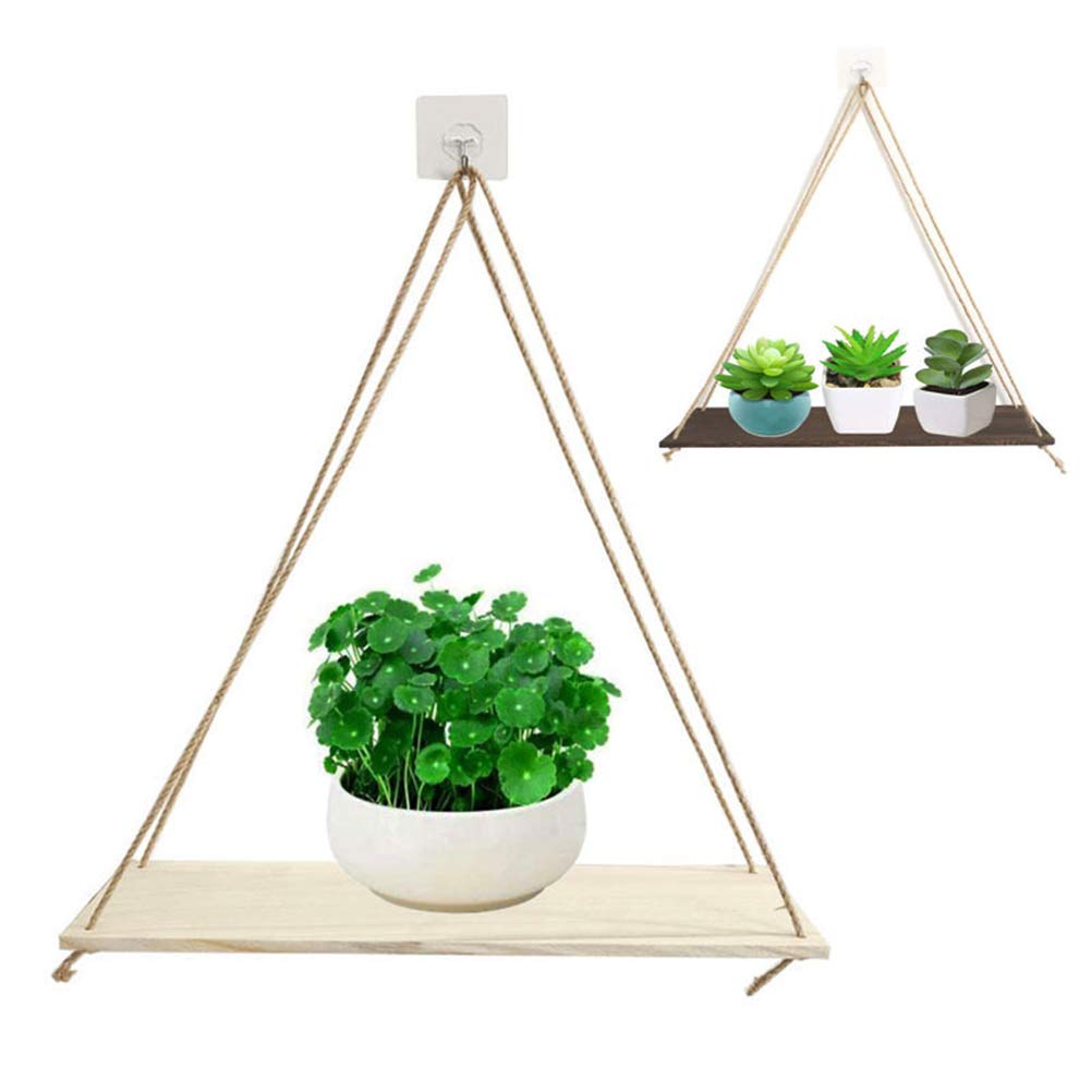 Hanging Plant Stand - Wooden Flower Pot Rack with Cotton Rope for Indoor Plants | Wall Mounted Planter Shelf for Home Decor, Kitchen Herb Garden & Balcony Display
