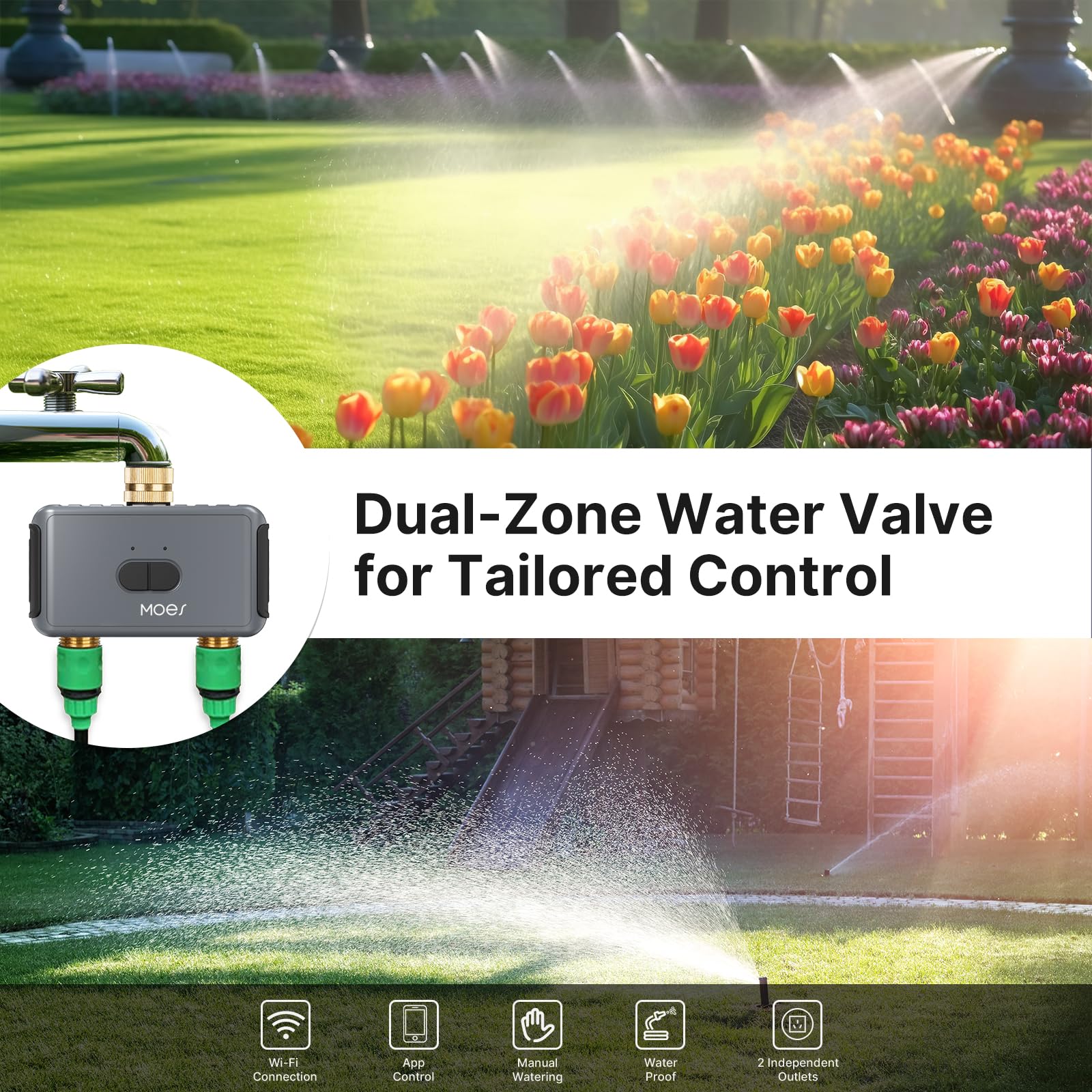 MOES WiFi Smart Sprinkler Timer 2 Zone - Brass Inlet & Outlet, Programmable Garden Hose Water Timer, Alexa-Compatible Irrigation System for Lawn, Yard & Outdoor Plants | Perfect for Automated Watering & Smart Home Integration