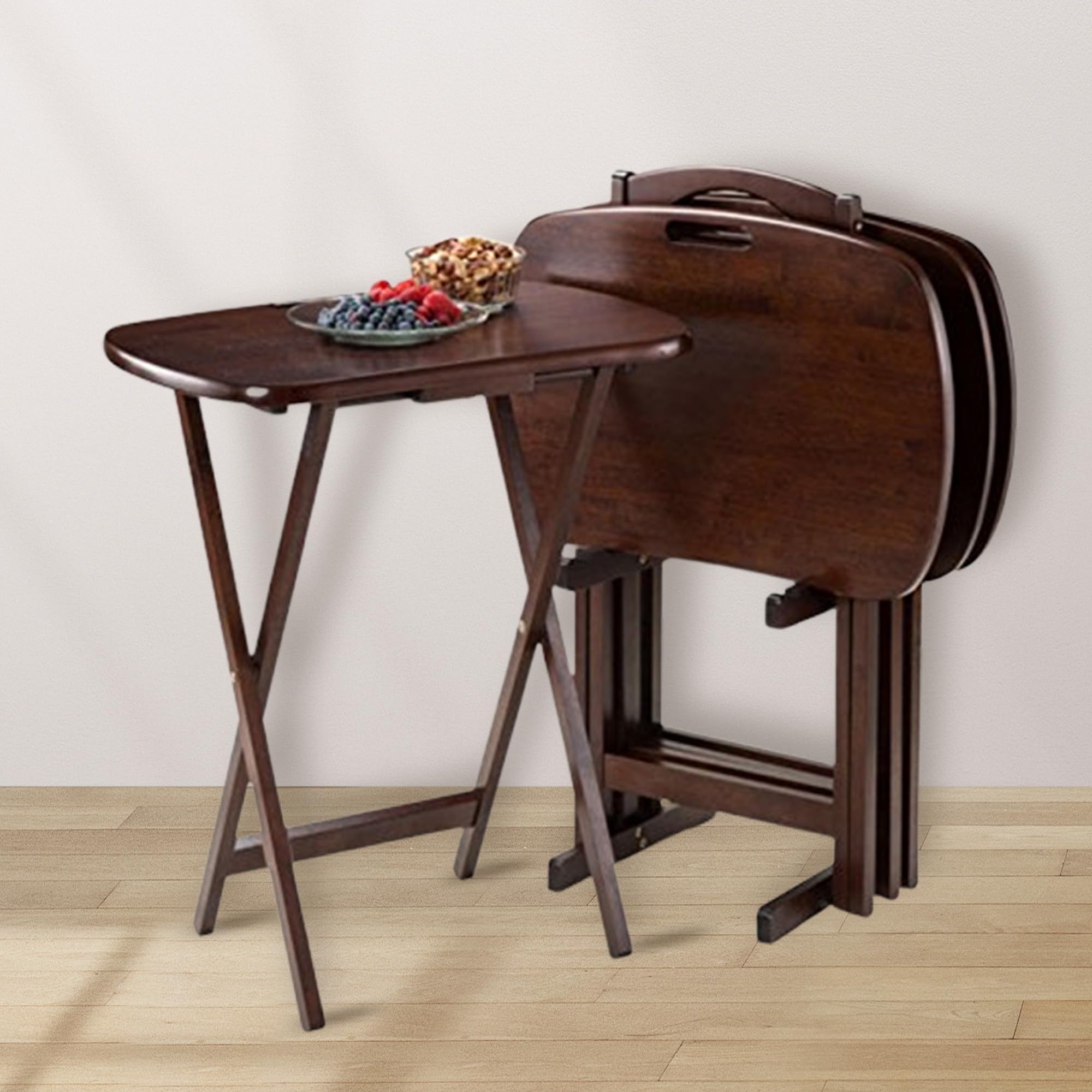 5-Piece Oversized Walnut Wooden Snack Table Set - Foldable Rectangular Tray Tables for Living Room, Bedroom, Patio - Perfect for Snacks, Beverages, Books, Laptops & Home Decor