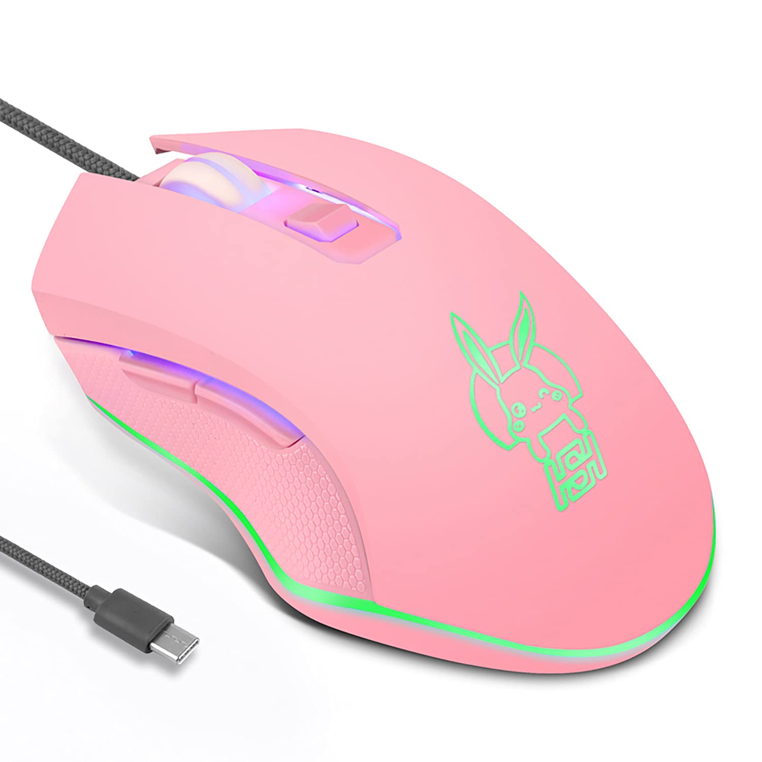 Huifen USB C Gaming Mouse - Silent RGB Wired Mouse with 7 Color Backlit, 2400 DPI, Type C Wired Mouse for PC, Laptop & All Type-C Devices - Perfect for Gaming, Office Work & Home Use (Pink)