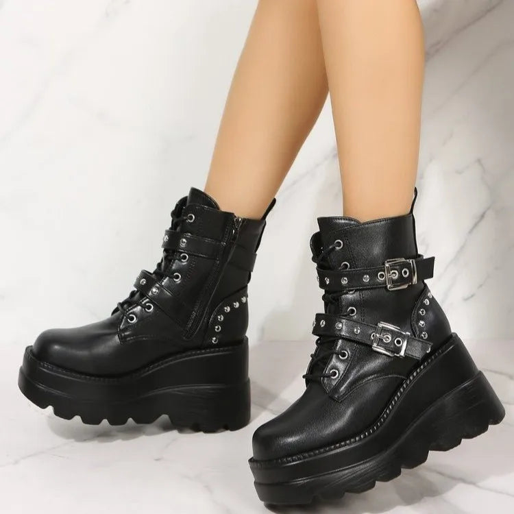 Trendy Thick Sole Short Boots with Belt Buckle - Punk Rock Ankle Boots for Women | Black Martin Boots for Casual Outfits, Concerts & Night Out
