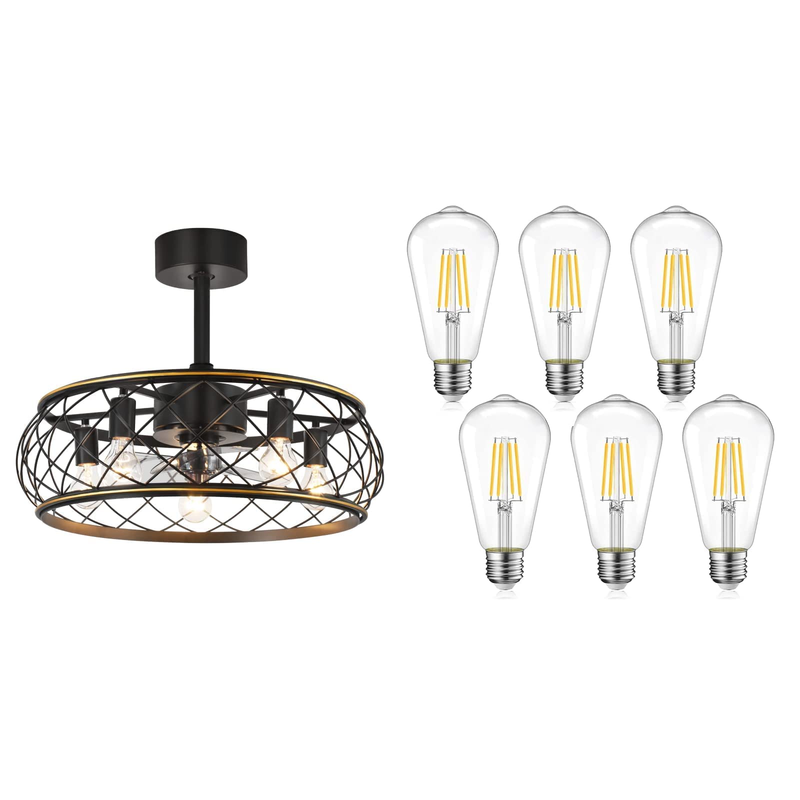 Ohniyou Industrial Caged Ceiling Fan with Vintage LED Edison Bulbs - Farmhouse Style Bladeless Ceiling Fan with Light for Indoor Use - Perfect for Living Rooms, Bedrooms, and Modern Farmhouse Decor