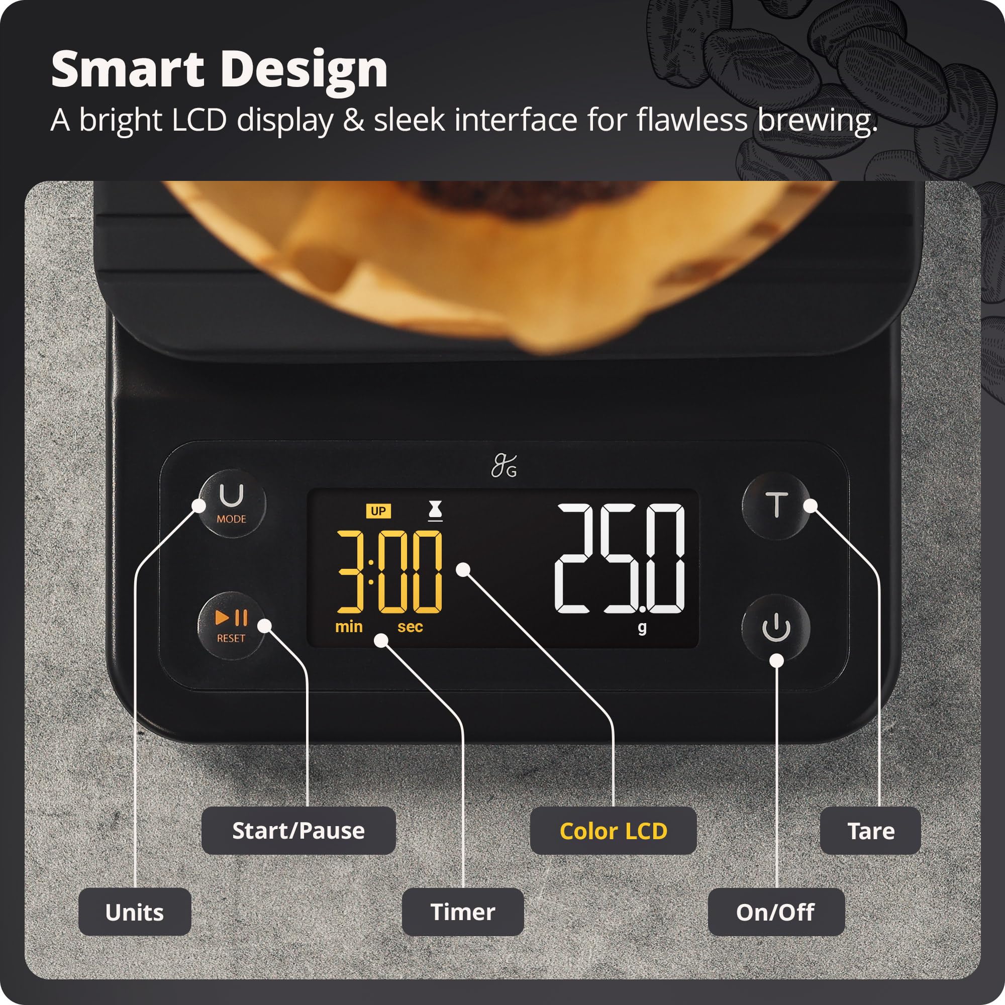 Greater Goods 0.1g Precision Digital Coffee Scale with Timer - 3kg Capacity for Pour Over, Espresso, French Press & Kitchen Baking | Perfect for Home Baristas & Coffee Enthusiasts (Onyx Black)