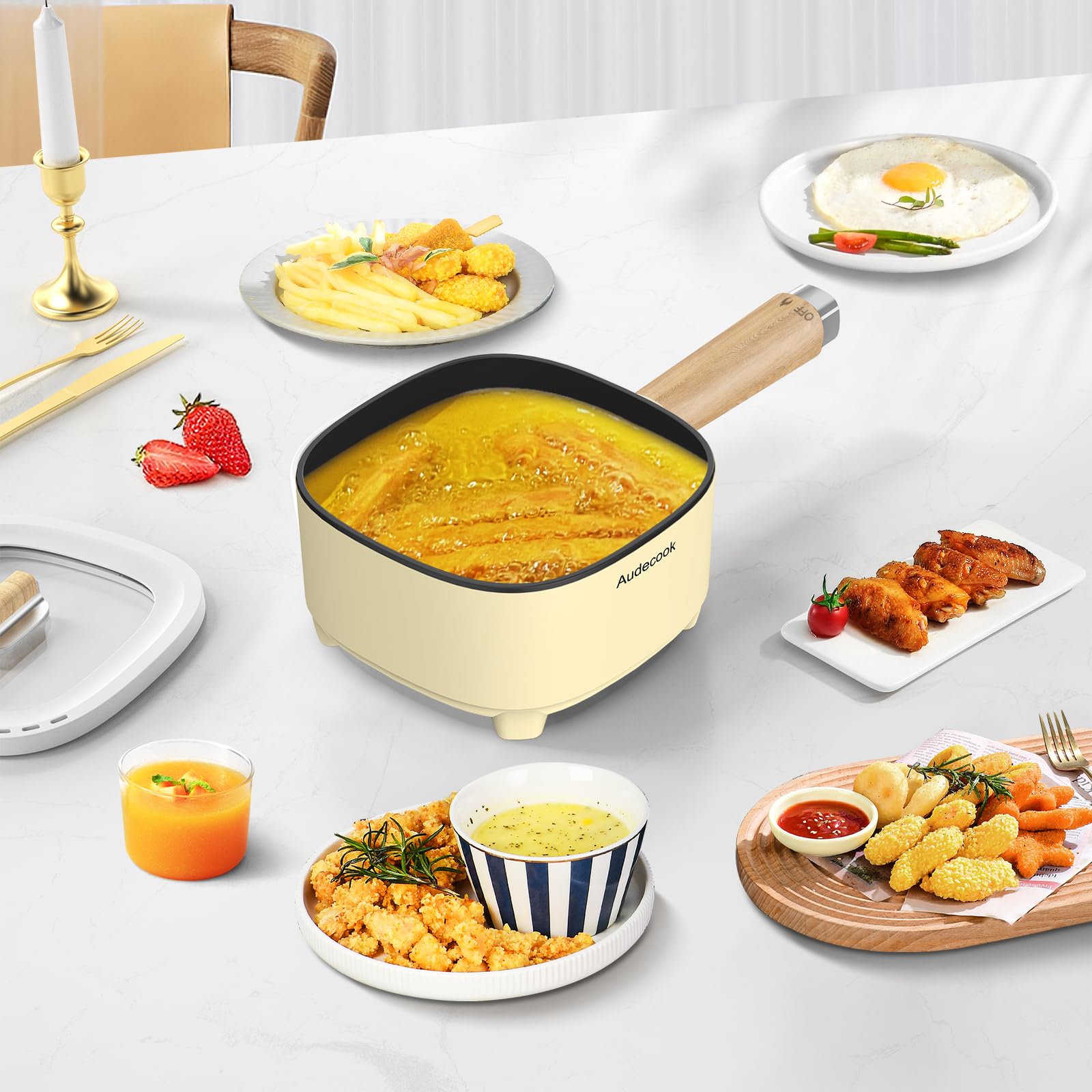 Audecook 2L Electric Hot Pot with Ceramic Non-Stick Coating, 8-Inch Portable Travel Cooker for Ramen, Steak, Fried Rice & Soup - Dual Power Control - Perfect for Dorms, Camping & Small Kitchens (Includes Silicone Spatula)