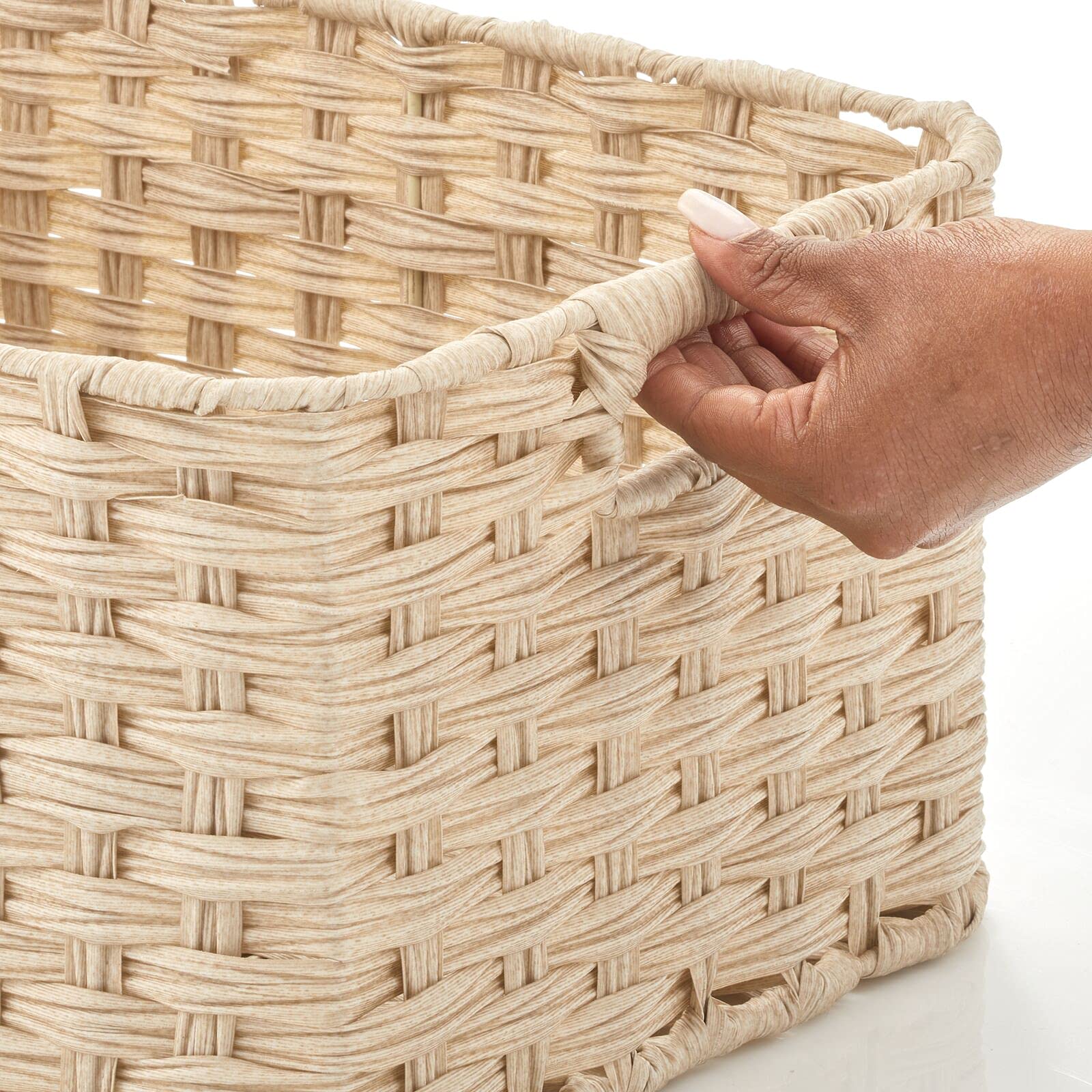 mDesign Woven Storage Baskets Set of 3 - Braided Rope Organizer Bins with Handles for Closet, Bedroom, Bathroom | Home Decor & Office Organization | Cream Beige Nested Bins | Perfect for Entryway, Laundry Room & Kids' Toy Storage
