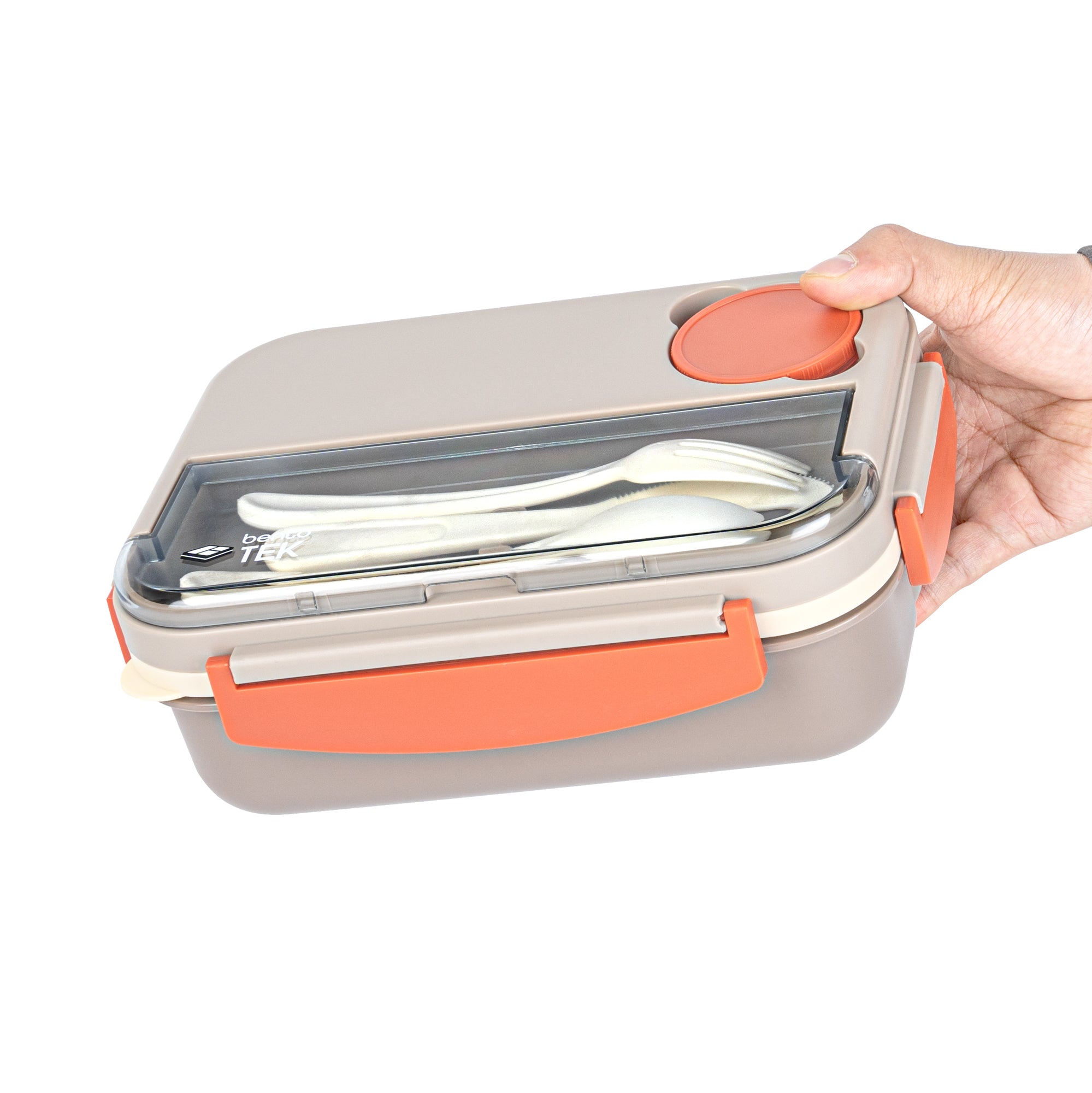 Bento Tek 44oz BPA Free Lunch Box - Microwave Safe Brown & Orange Food Container with Utensils (9x6.5x3.25 Inches) - Perfect for Office, School & Picnic Meals