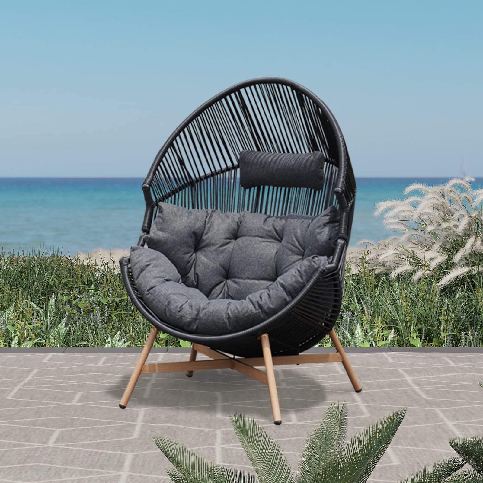 Premium Outdoor Wicker Egg Chair with Thick Olefin Cushion - Patio Hanging Cocoon Chair for Garden, Balcony, Poolside & Indoor Living Room - Perfect for Relaxing, Reading & Sunbathing