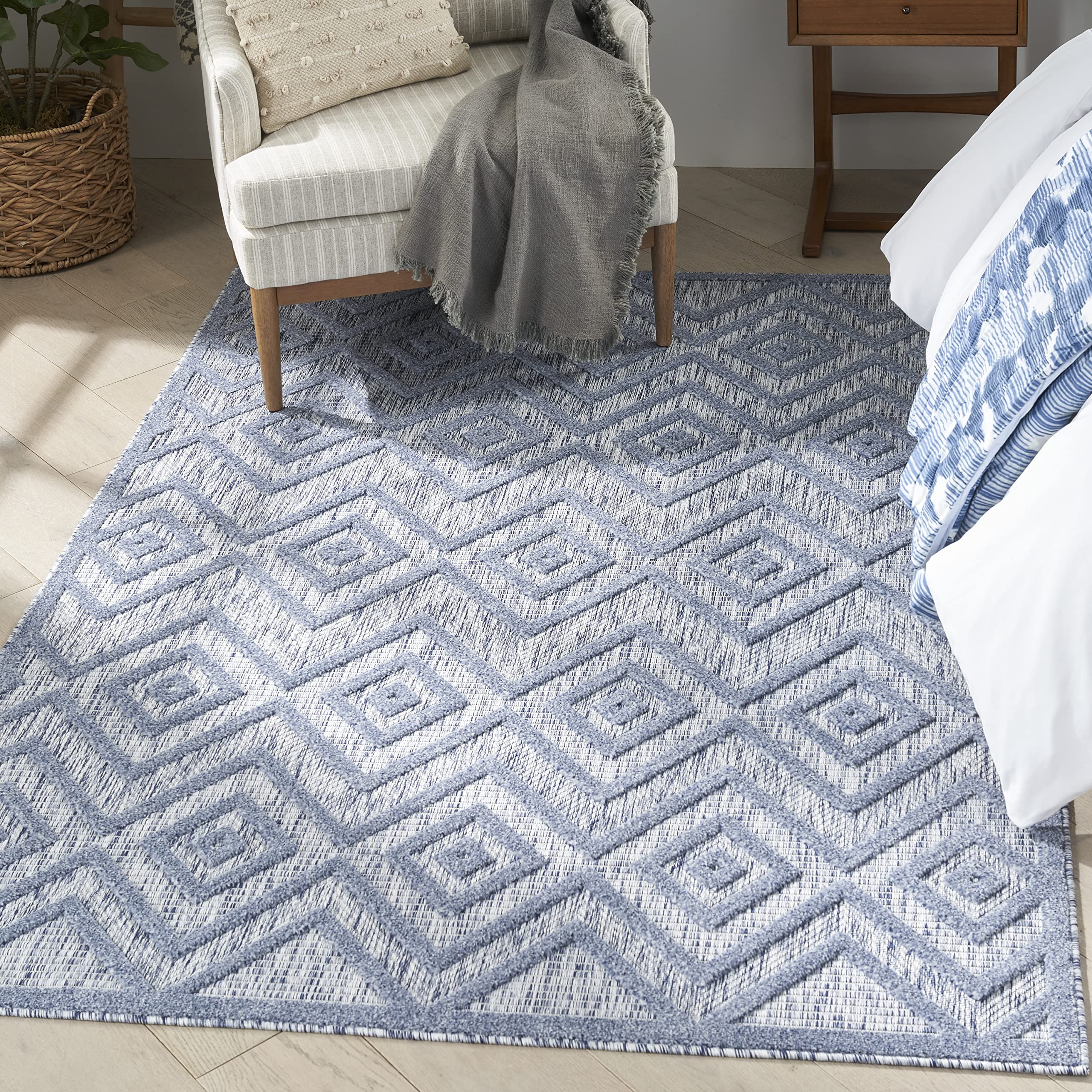 Nourison 6' x 9' Denim Blue Indoor Outdoor Area Rug - Easy Clean, Non-Shedding, Stain Resistant for High Traffic Areas | Perfect for Living Room, Bedroom, Dining Room, Deck, Backyard & Patio Decor