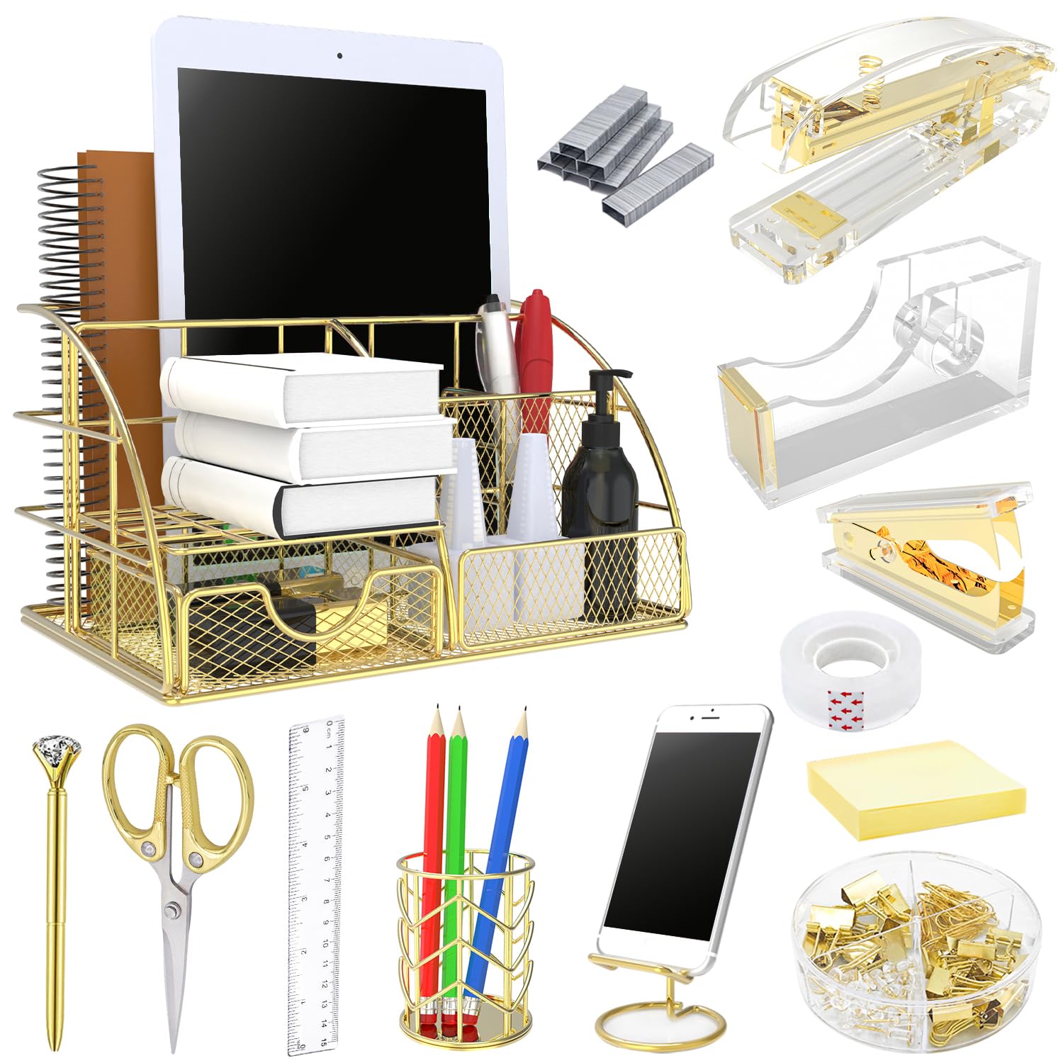 Rose Gold 13-Piece Office Desk Organizer Set - Acrylic Stapler, Staple Remover, Paper Clips, Scissors, Phone Stand, Pen Holder & Tape Dispenser | Stylish Workspace Accessories for Home & Office Organization