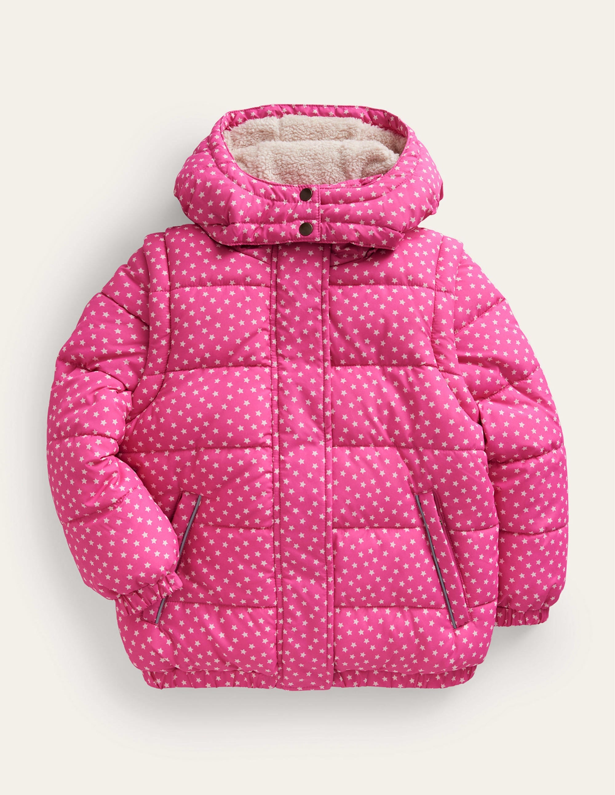 2 in 1 Padded Coat for Women - Mid Pink Tiny Stars Print - Warm Winter Jacket with Detachable Hood for Outdoor Activities and Casual Wear