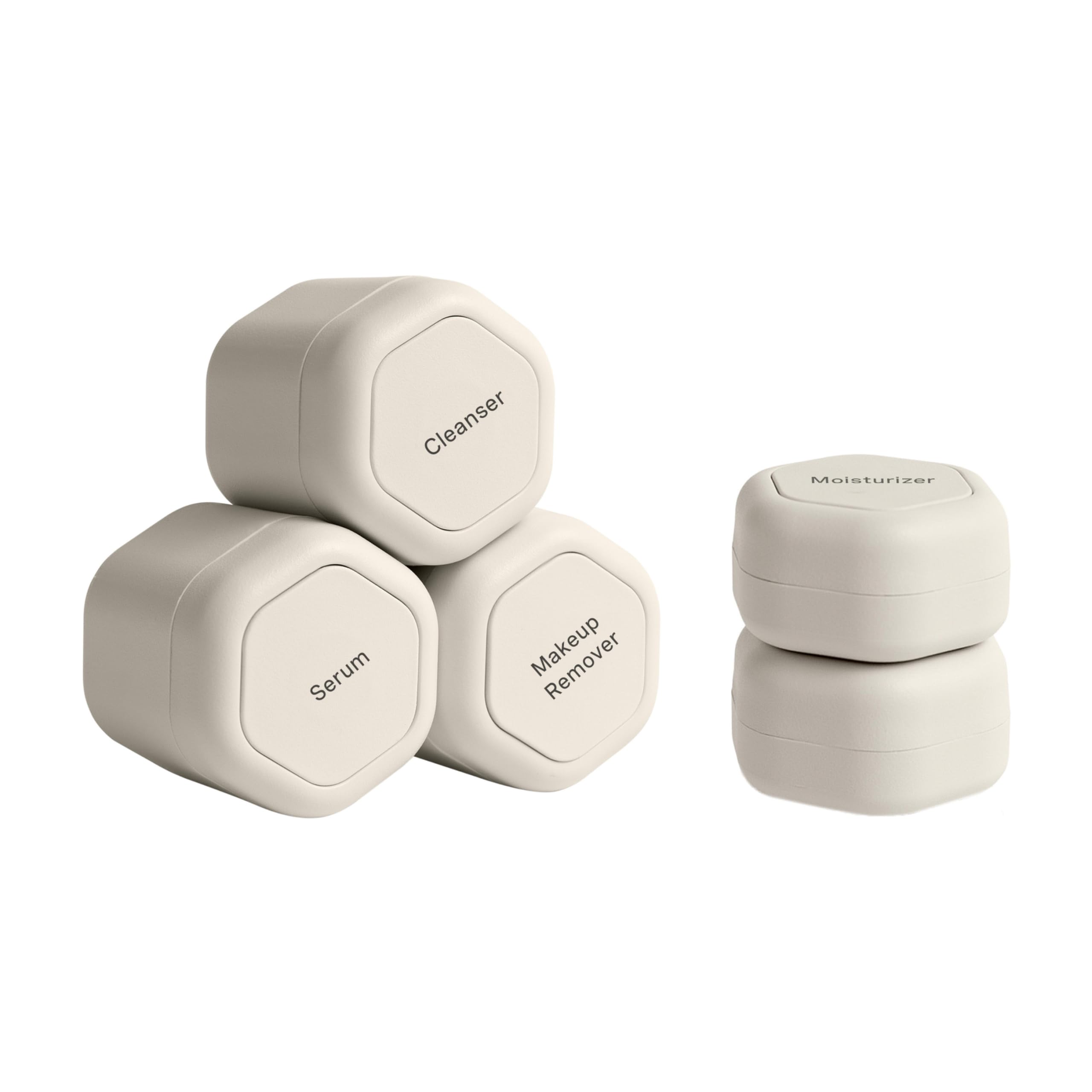 Magnetic Travel Capsules Set - 2 Small (0.56oz) & 3 Medium (1.32oz) Leak-Proof Containers for Skincare Essentials - Includes Cleanser, Moisturizer, Serum & Makeup Remover - Perfect for Air Travel, Gym Bag & Weekend Getaways - Sand Color