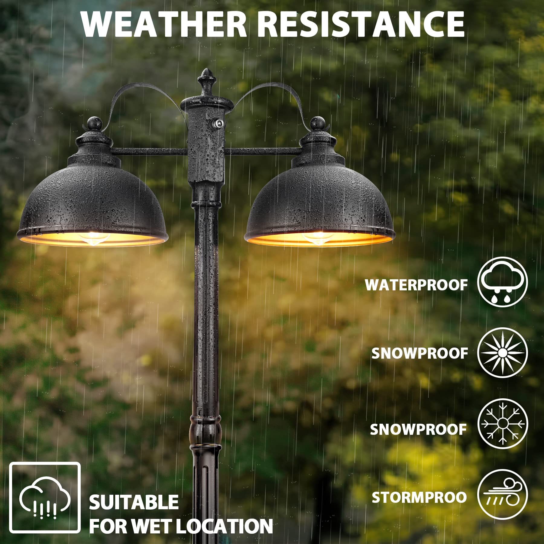 APOTO Dusk to Dawn Outdoor Lamp Post Lights with GFCI Outlet - Double Head Farmhouse Street Light Fixture - Black Aluminum Waterproof Lantern for Garden, Patio, Driveway & Walkway Lighting - Weatherproof Exterior Pole Lights for All Night Illumination