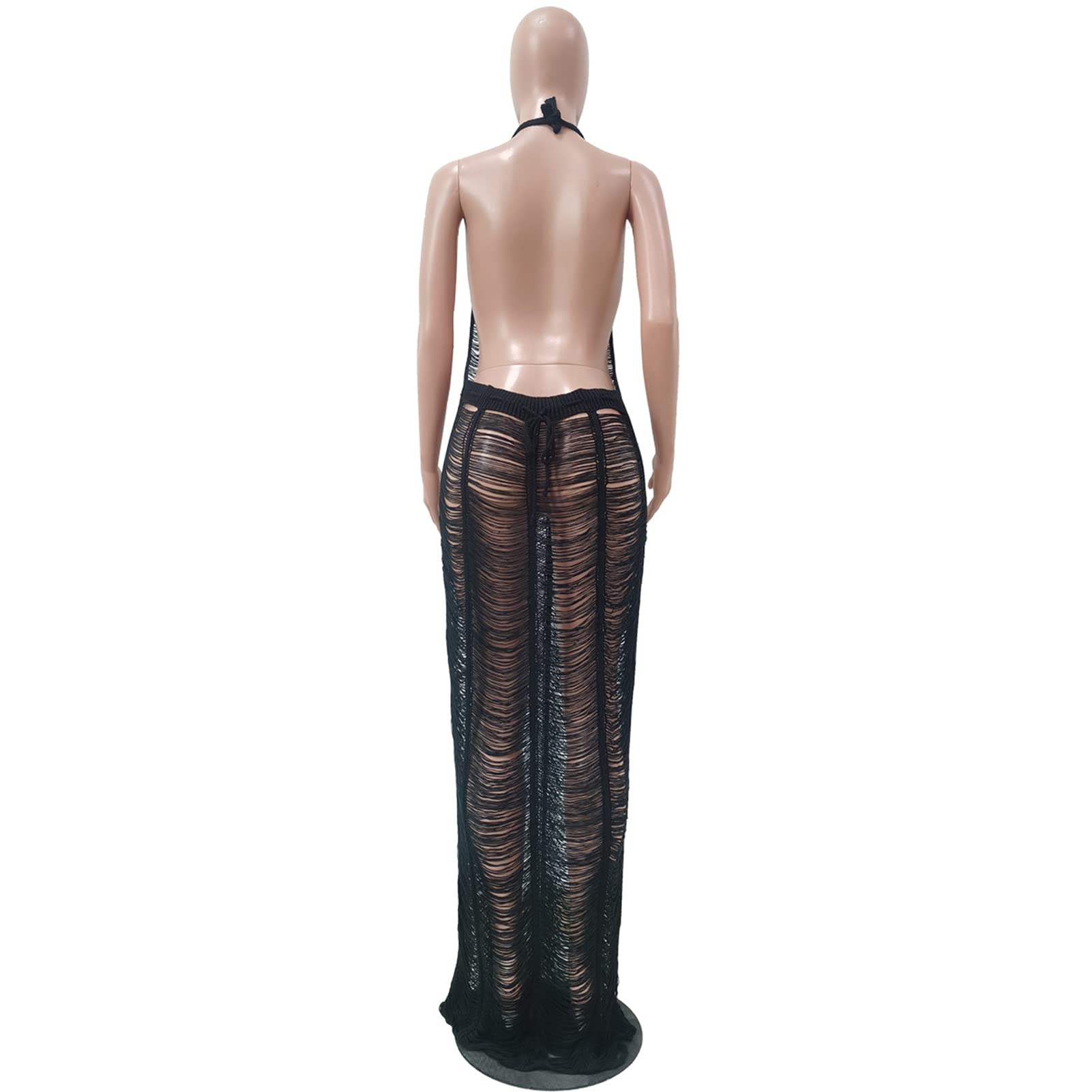 Sexy Women's Halter Sleeveless Mesh Crochet Maxi Dress - Backless See-Through Beach Cover Up, Bikini Swimsuit Wrap for Summer Vacation & Pool Party