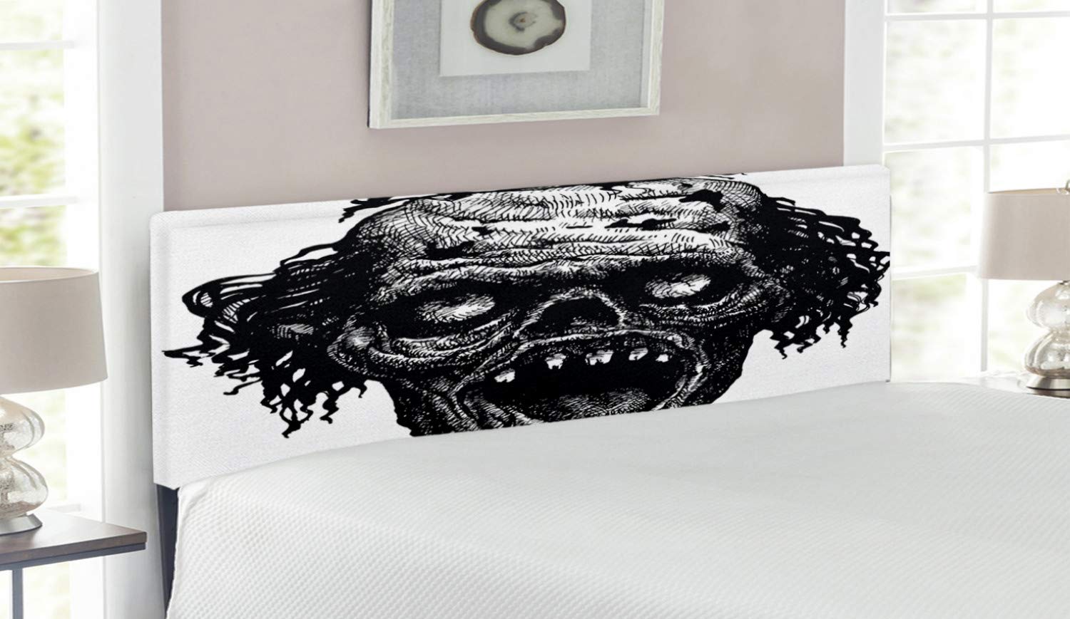 Ambesonne Halloween Zombie Head Evil Dead Man Portrait Upholstered Metal Headboard with Memory Foam - Queen Size Black Dark Grey - Gothic Bedroom Decor for Spooky Home & Haunted House Theme