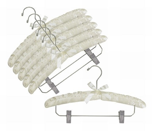 Luxury Satin Hangers with Chrome Hook & Clips - Ivory Velvet Clothes Hangers for Wardrobe Organization & Delicate Garment Care - Perfect for Dresses, Blouses & Silk Clothing Protection