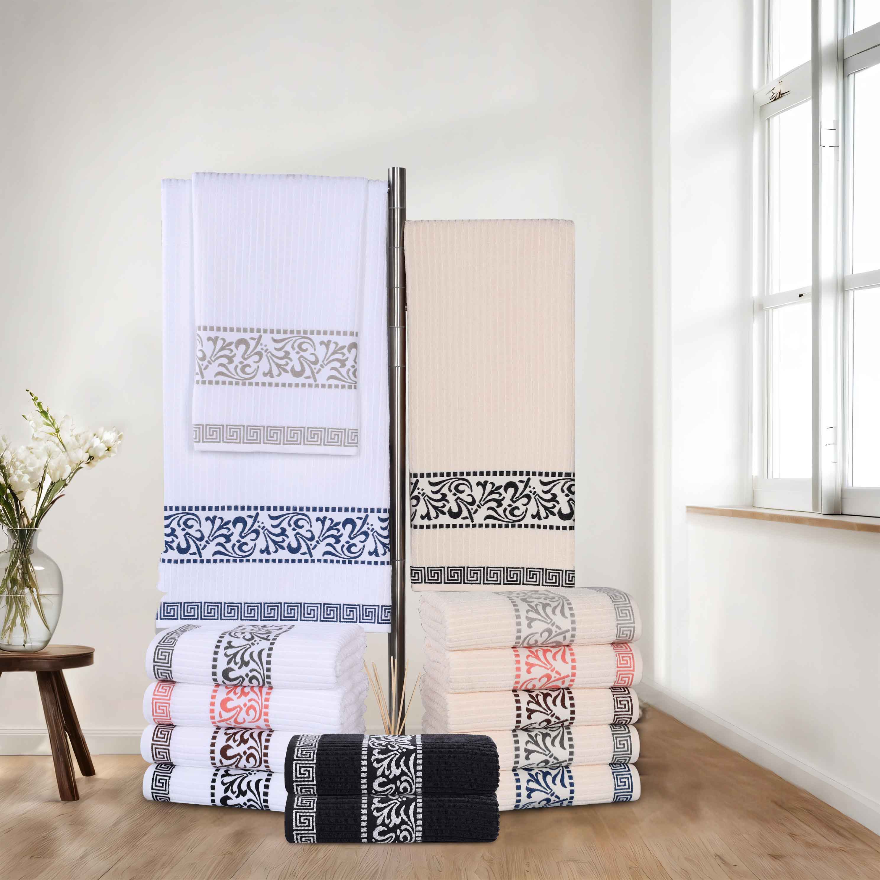 Premium Athens Cotton Greek Scroll & Floral 4-Piece Bath Towel Set - Soft & Absorbent for Spa, Bathroom & Guest Room Decor