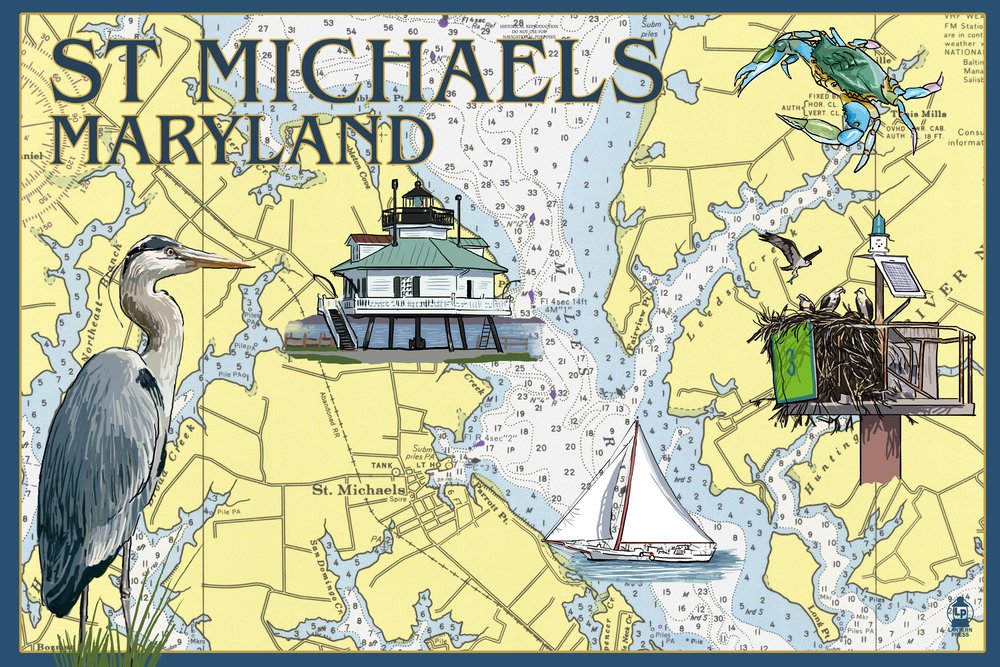 Nautical Chart Wall Art Poster - St. Michaels Maryland 12x18 Coastal Decor for Living Room, Office & Beach House