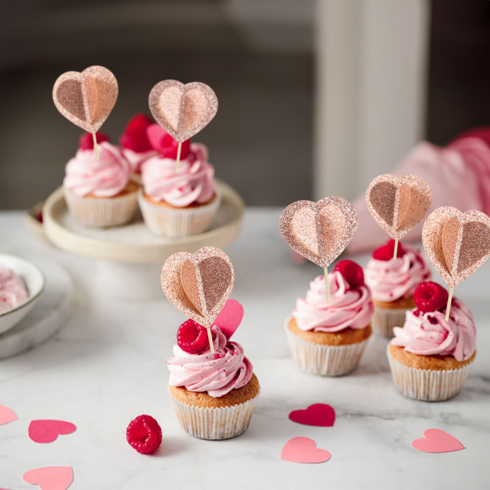 24Pcs Rose Gold Glitter 3D Heart Cupcake Toppers - Double Layer Valentine's Day Cake Decorations for Wedding, Engagement, Bridal Shower & Birthday Parties - Perfect for Romantic Celebrations and Sweet Treat Displays