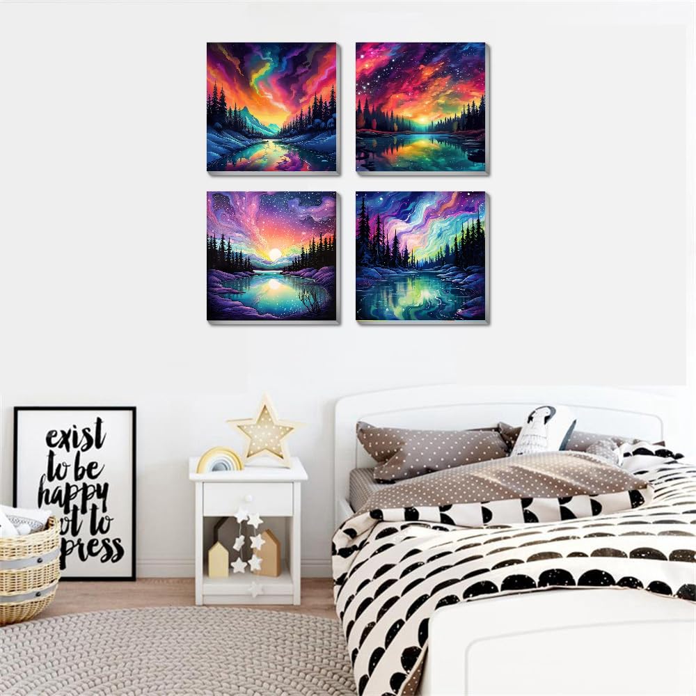 4 Pack DIY Aurora Landscape Paint by Numbers Kit for Adults - Framed Canvas with Acrylic Paints & Brushes - 8x8 Inch Home Wall Art Decor - Perfect for Beginners, Stress Relief & Creative Gift Ideas