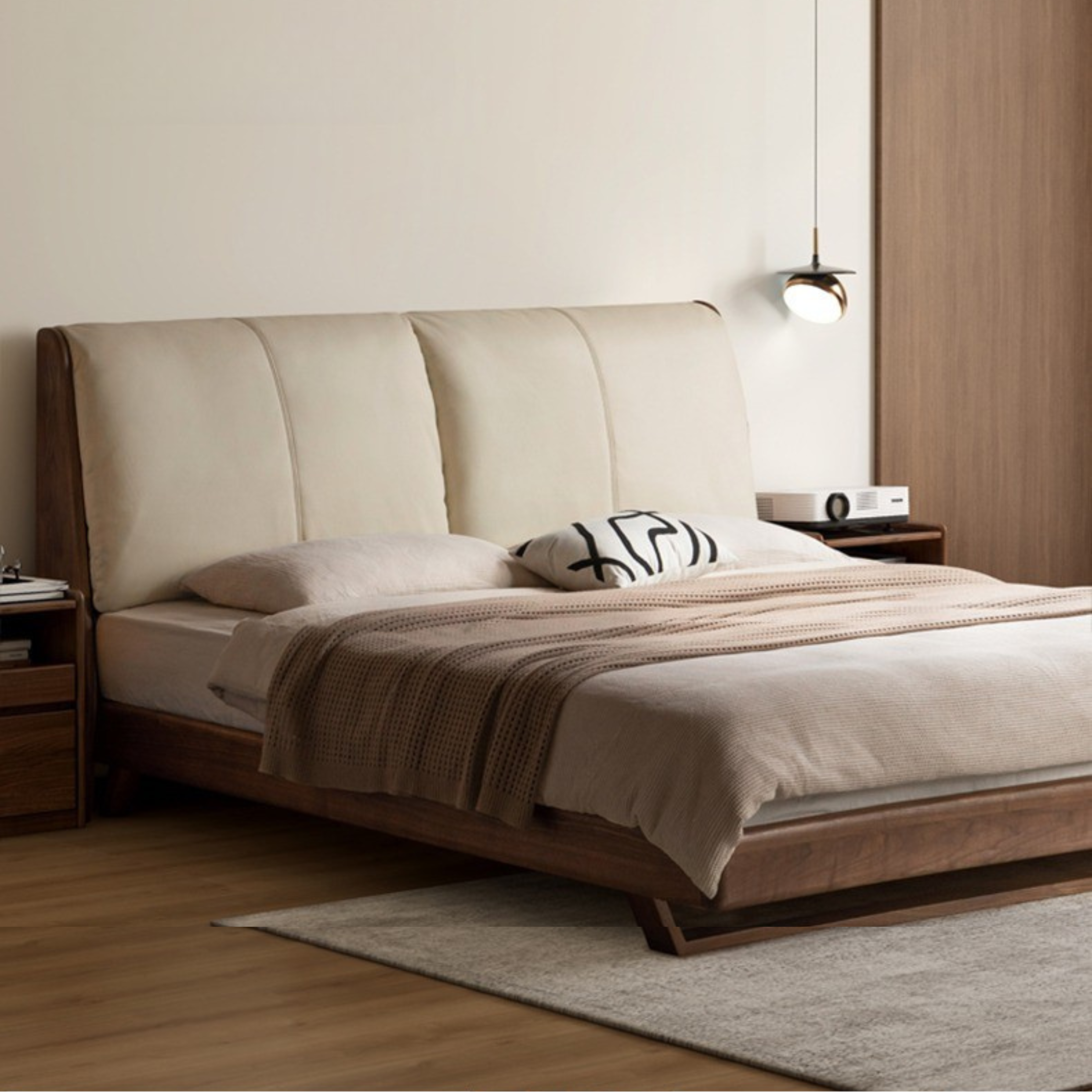 Luxury Black Walnut Solid Wood Bed with Genuine Italian Leather Headboard - Soft Upholstered Bed Frame for Master Bedroom, Guest Room & Modern Home Decor