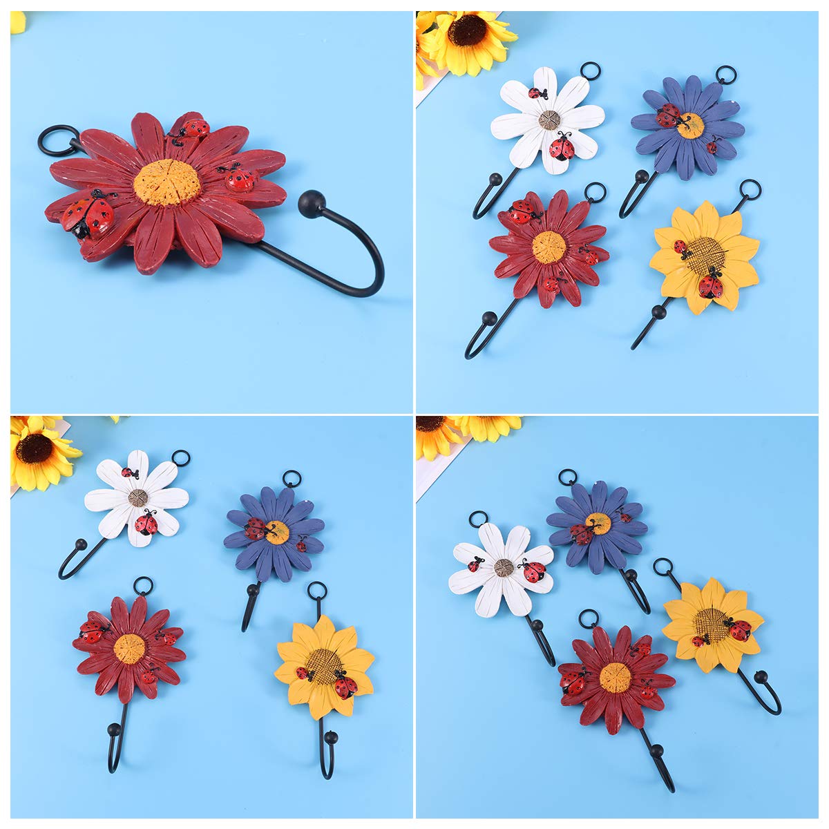 4-Pack Decorative Flower Resin Wrought Iron Wall Hooks - Red, Yellow, White & Purple - Coat Hooks for Garden, Entryway, Bedroom & Bathroom Organization - Rustic Home Decor Hanging Solution for Coats, Hats, Bags & Towels