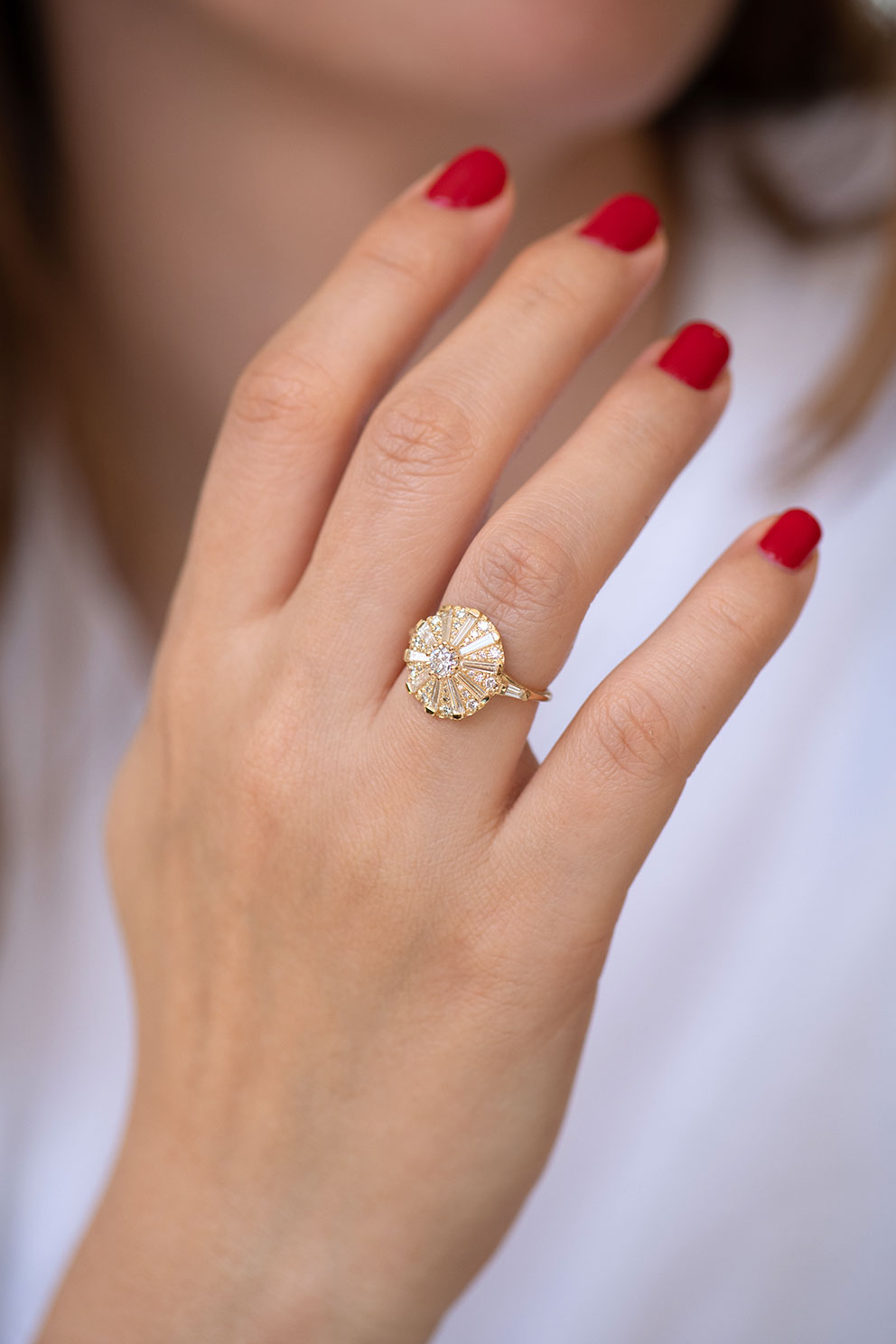 Sun Temple Ring - Round Engagement Ring with Long Tapered Baguette Diamonds | Elegant Wedding Band, Anniversary Gift for Her, Perfect for Proposals & Special Occasions