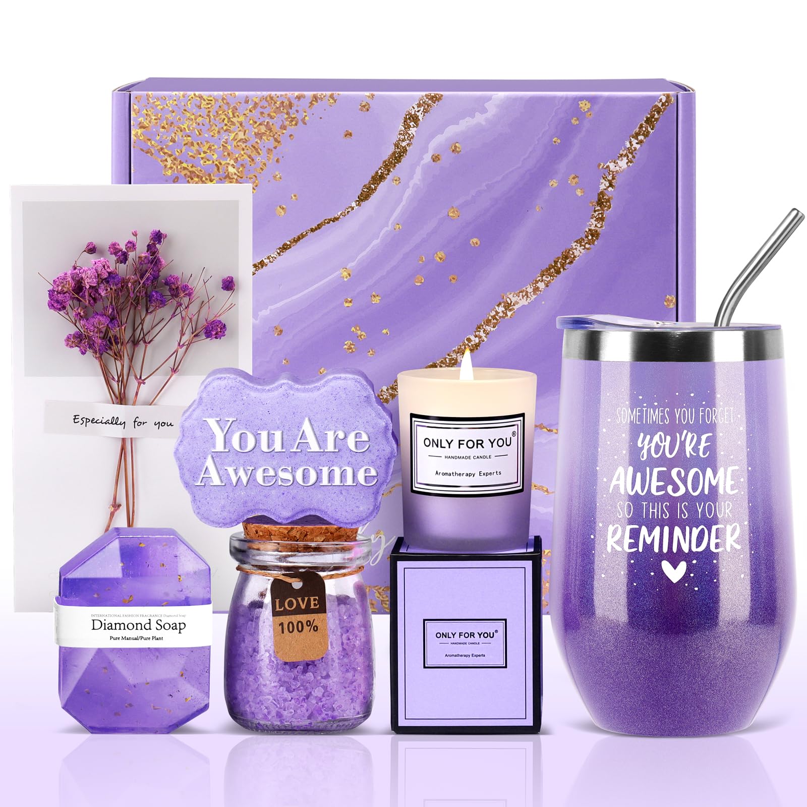 Relaxing Spa Gift Basket Set for Women - Perfect Birthday Gifts for Her, Mom, Grandma, Daughter, Sister, Wife & Girlfriend | Unique Bath Set with Essential Oils, Bath Bombs & Luxurious Accessories in Elegant Purple | Ideal for Self-Care, Mother's Day, Anniversary & Stress Relief
