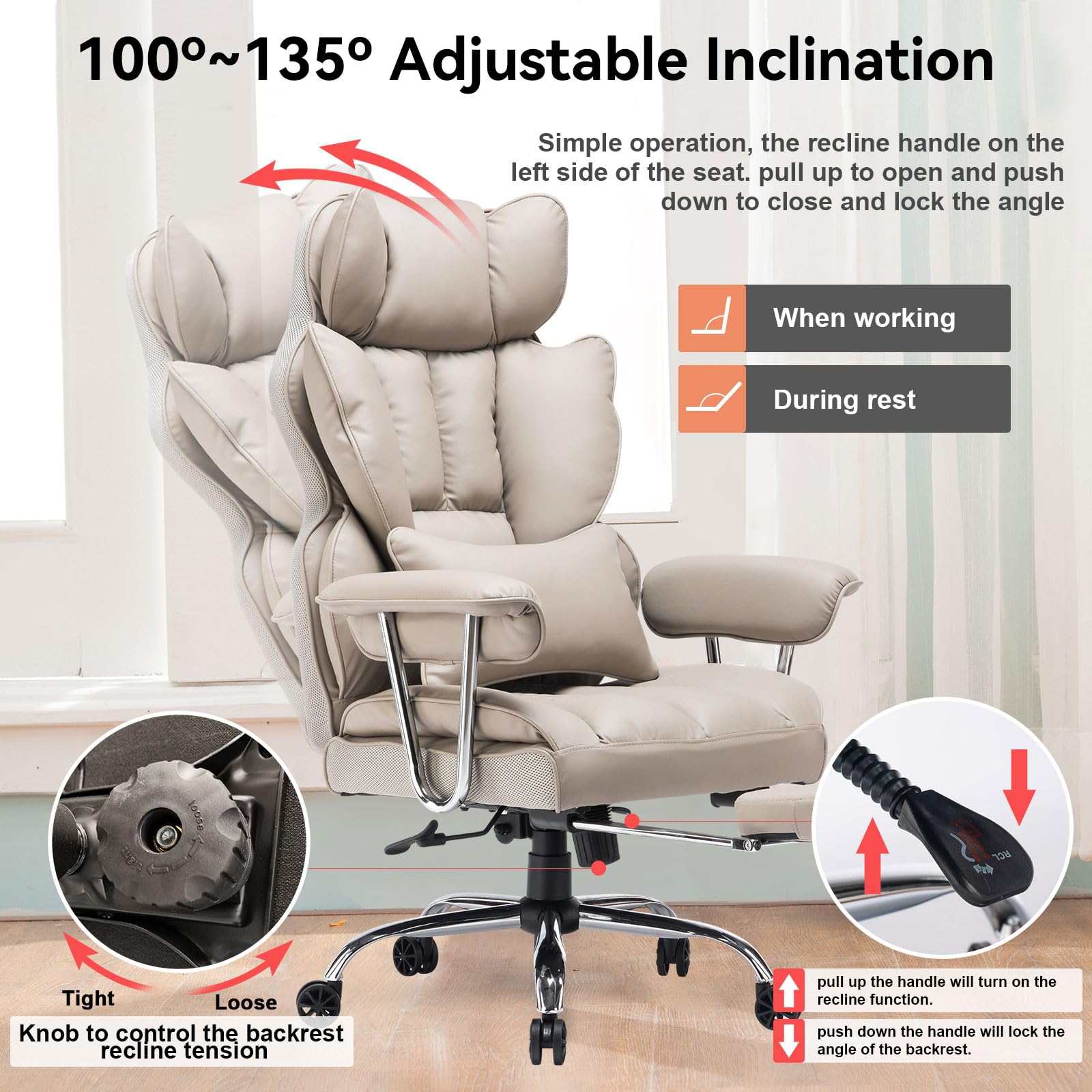 Efomao 400LBS Heavy Duty Executive Office Chair - Big and Tall PU Leather Computer Desk Chair with Adjustable Lumbar Support & Footrest - Grey Ergonomic Swivel Chair for Home Office, Gaming, and Workspace