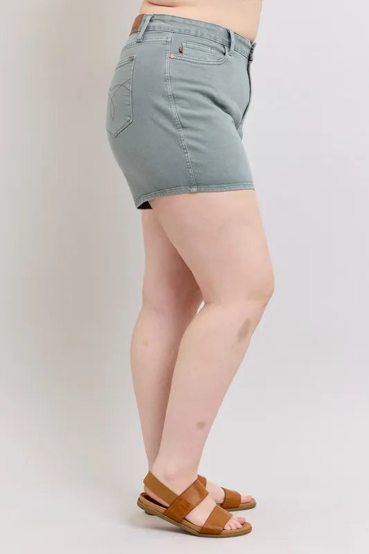 Judy Blue Women's Plus Size Garment Dyed Shorts with Back Pocket Embroidery - Comfortable Casual Wear for Summer Outings & Beach Vacations