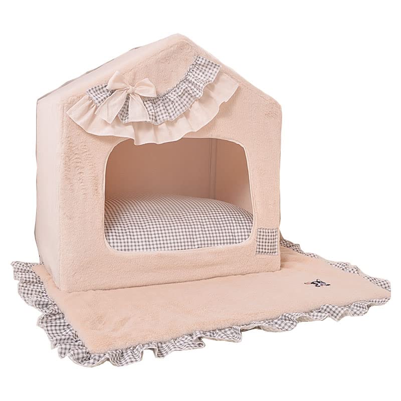 Handmade Princess Pet Bed for Small Dogs & Cats - Cozy Washable Sofa Cushion with Removable Cover, Warm Frame Tent House (Beige Grid, Medium) - Perfect for Indoor Lounging & Nap Time