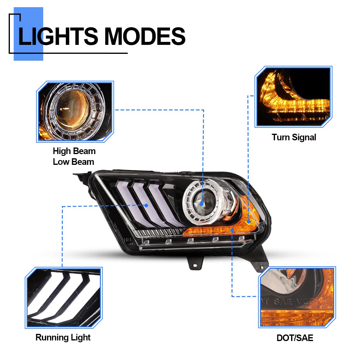 ROXX LED Sequential Headlights for 2010-2012 Ford Mustang (Halogen Models Only) - High/Low Beam Projector Headlights with S550 Style LED DRL & Amber Sequential Turn Signals - Driver & Passenger Side - Perfect for Night Driving & Car Customization