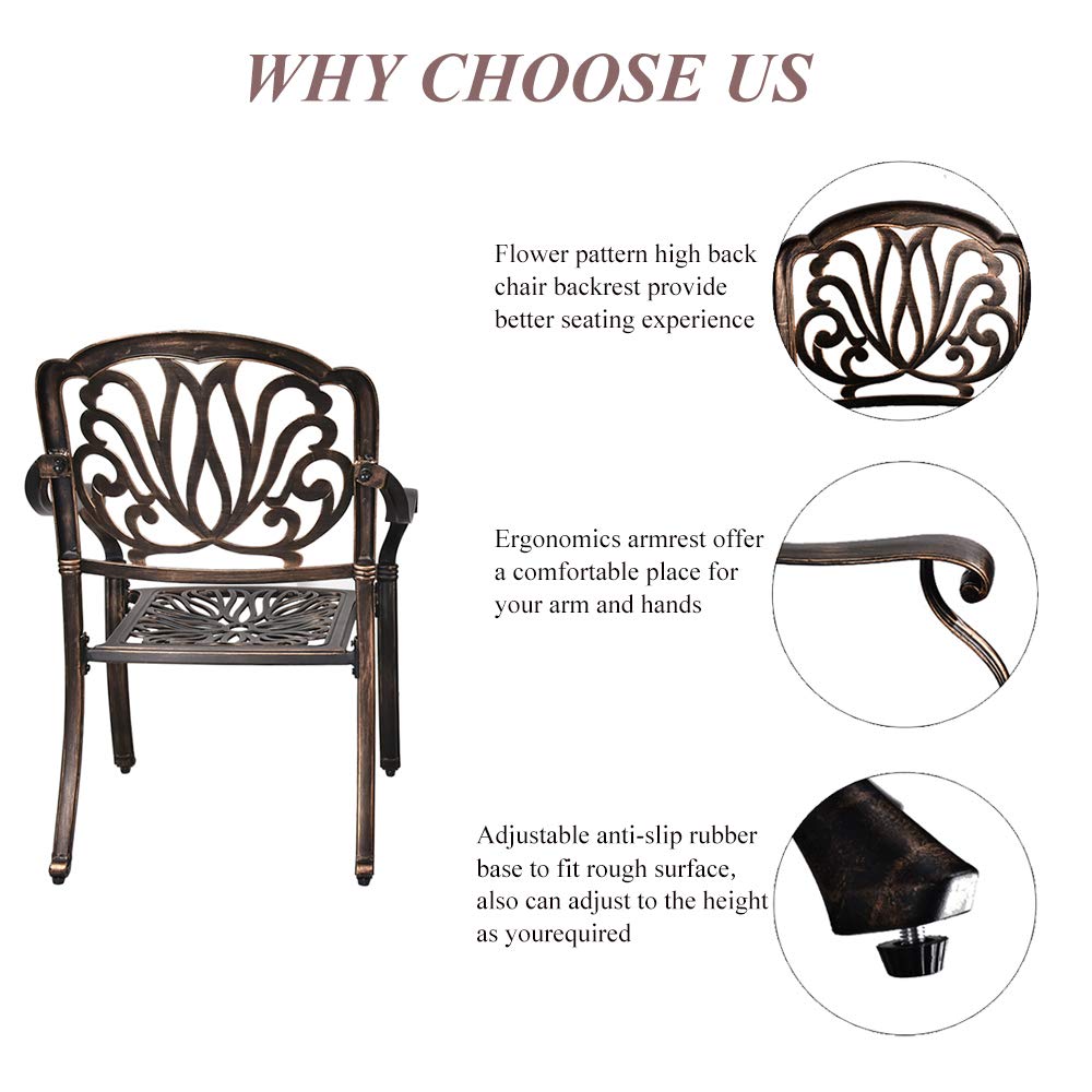 3-Piece Cast Aluminum Bistro Set with 2 Arm Chairs & Umbrella Hole - Antique Bronze Finish Patio Furniture for Outdoor Dining, Garden, Balcony or Poolside (Flower Pattern Table + 2 Chairs) | Perfect for Small Spaces, Morning Coffee & Relaxing Outdoors