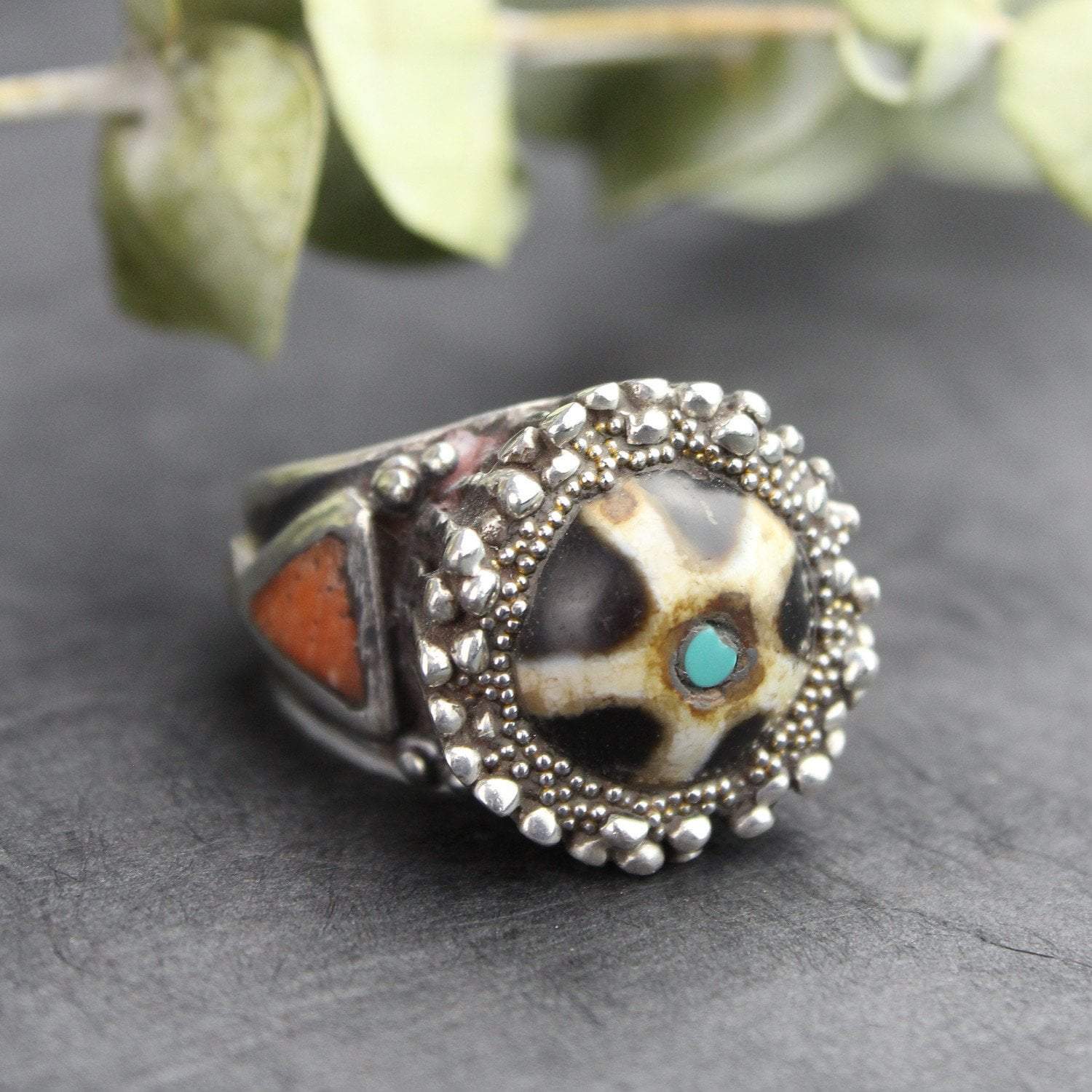 Stunning Agate Dzi Bead & Coral Statement Ring - Tibetan Inspired Jewelry for Women | Perfect for Boho Fashion, Spiritual Healing & Unique Gift Giving