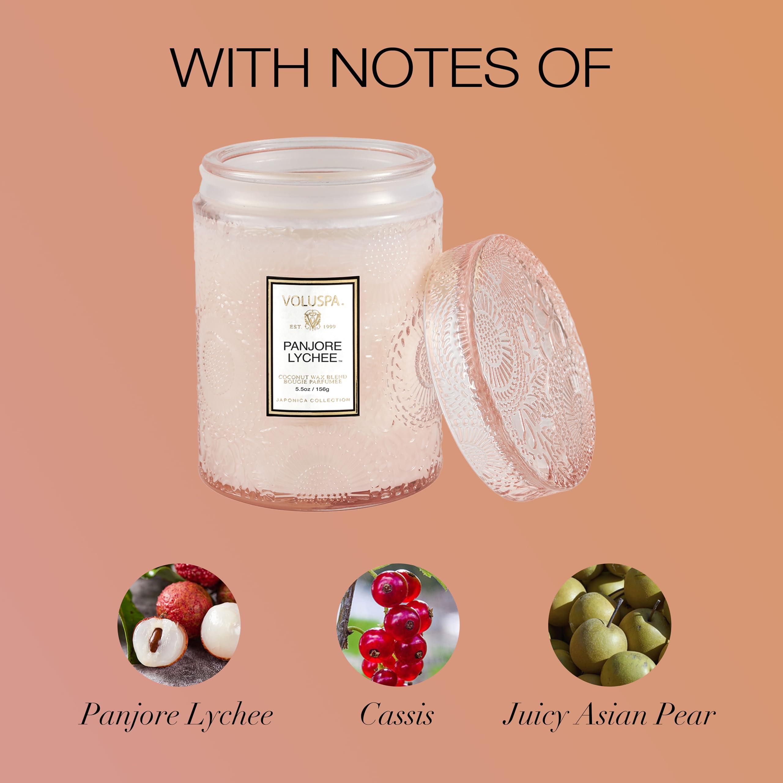 Voluspa Panjore Lychee Scented Candle - 5.5 oz Coconut Wax Jar Candle, 50 Hour Burn Time, Handcrafted in USA | Clean Burning, Home Decor, Romantic Ambiance, Spa Relaxation Gift