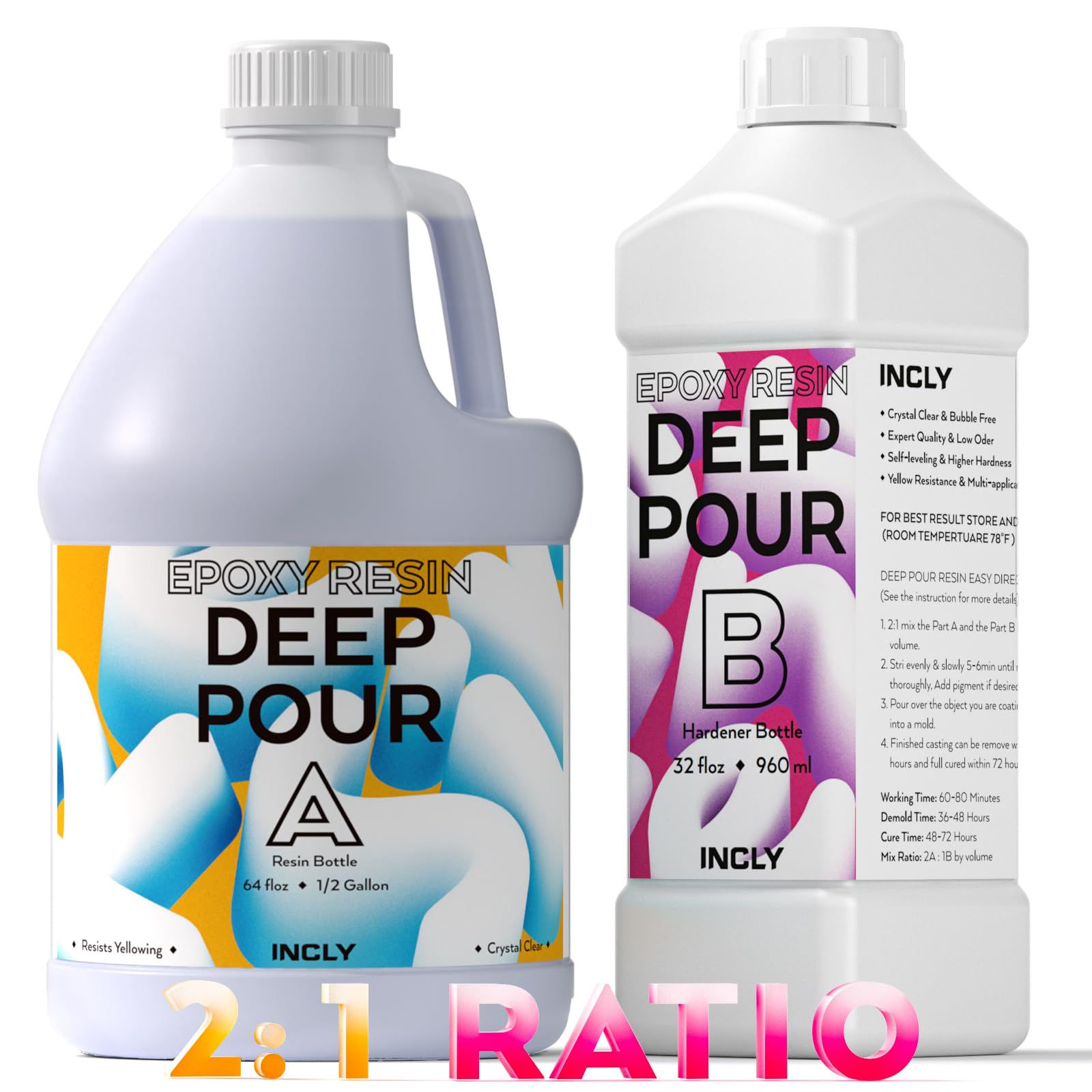 INCLY Deep Pour Epoxy Resin Kit - 0.75 GL High Gloss, Bubble Free, Crystal Clear 2:1 Casting Resin for River Tables, Wood Filling, Bar Tops, Jewelry Molds, Art Projects & DIY Crafts