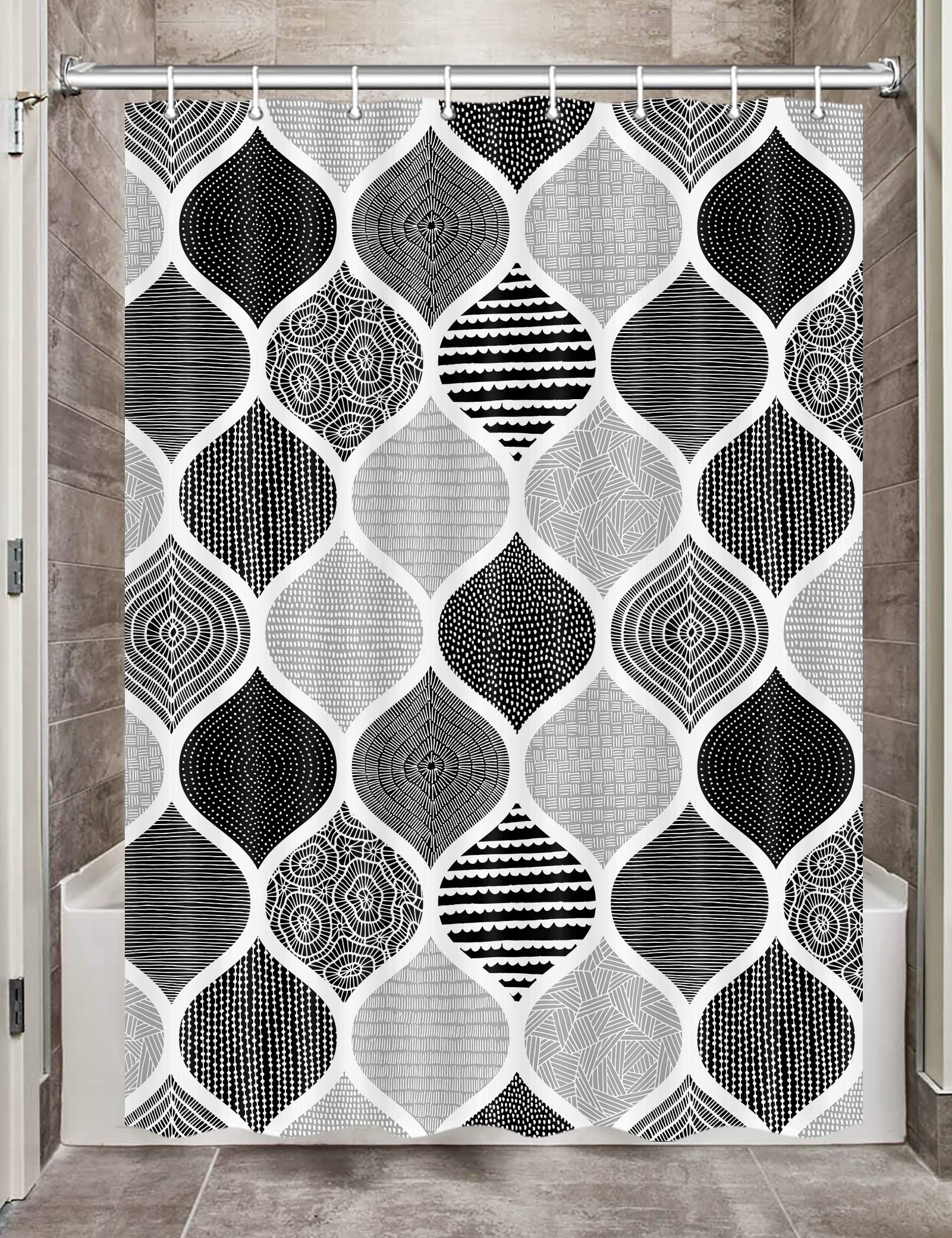 Bohemian Black and Grey RV Shower Curtain Set for Travel Trailers - 47x64 Inch Waterproof Fabric Bathroom Curtain with Hooks | Perfect for Campers, Tiny Homes & Outdoor Adventures | Durable Camping Decor Accessory