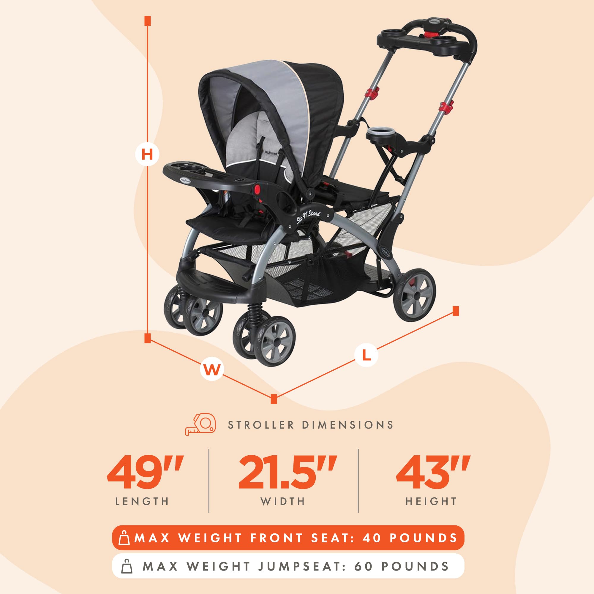 Baby Trend Sit N' Stand Lightweight Foldable Double Stroller with Parent & Child Tray - Front & Back Seats for Toddlers & Infants | Perfect for Shopping, Travel & Outdoor Walks (Phantom)