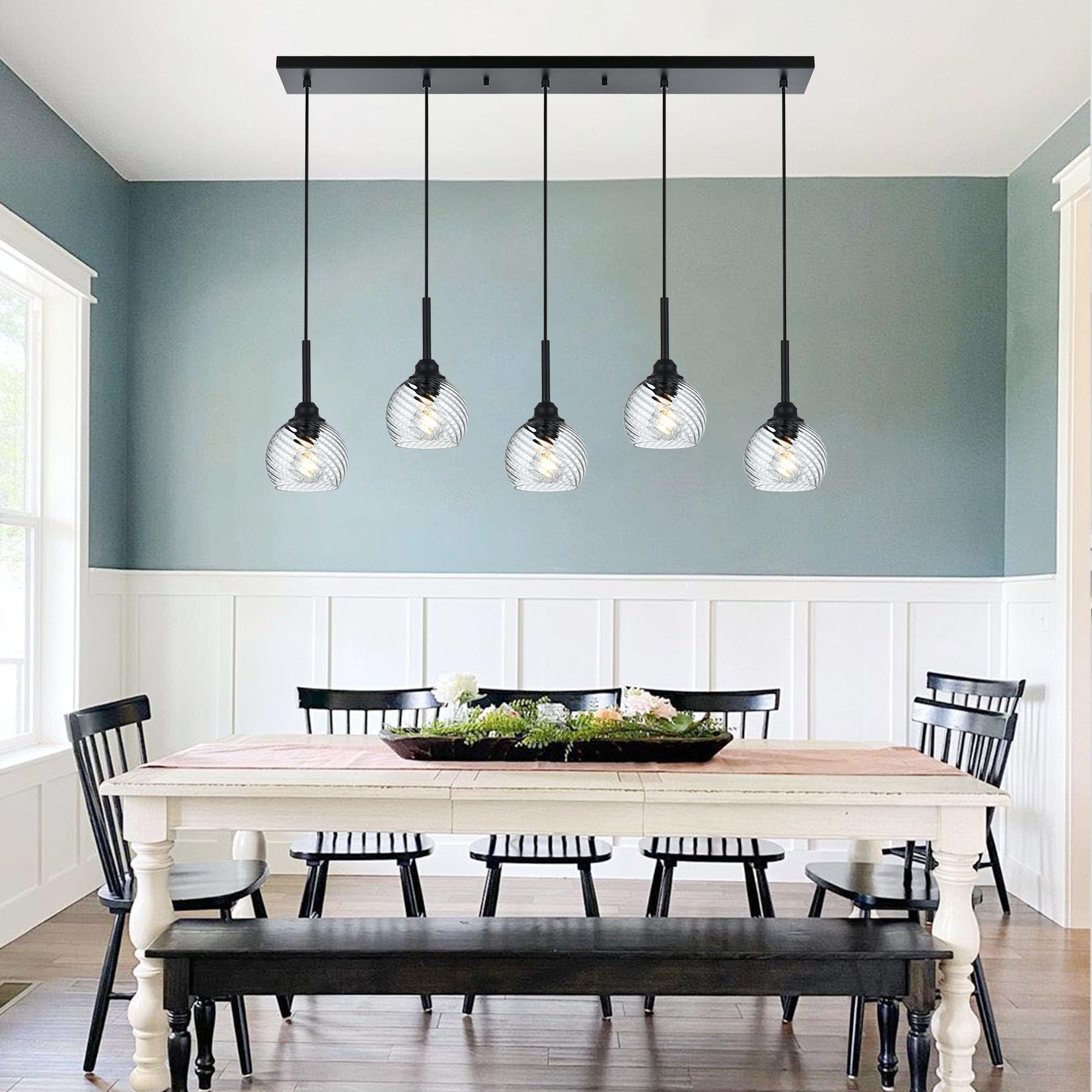 5-Light Black Blown Glass Pendant Light with Striped Swirl Globe - Modern Kitchen Island Lighting, Hanging Ceiling Lamp for Dining Room, Bar & Living Room - Perfect for Contemporary Home Decor and Ambient Lighting