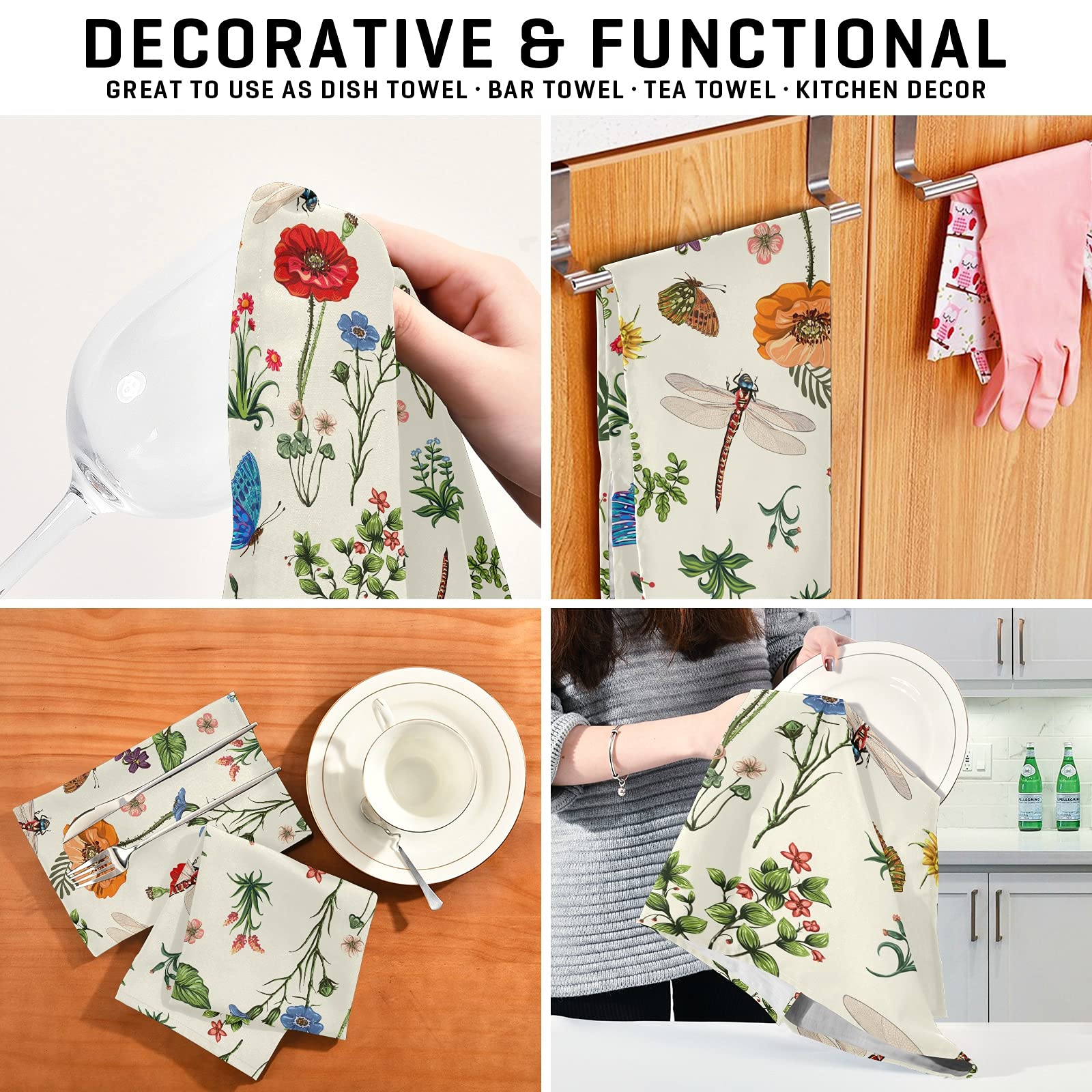 Premium 18x28 Inch Super Absorbent Lint-Free Kitchen Towels Set of 4 - Floral Design with Dragonfly, Butterfly, Sunflower & Carnation Patterns | Soft Dish Cloths for Tea Bar, Bath & Kitchen Accessories | Perfect for Daily Cleaning, Dish Drying & Home Decor