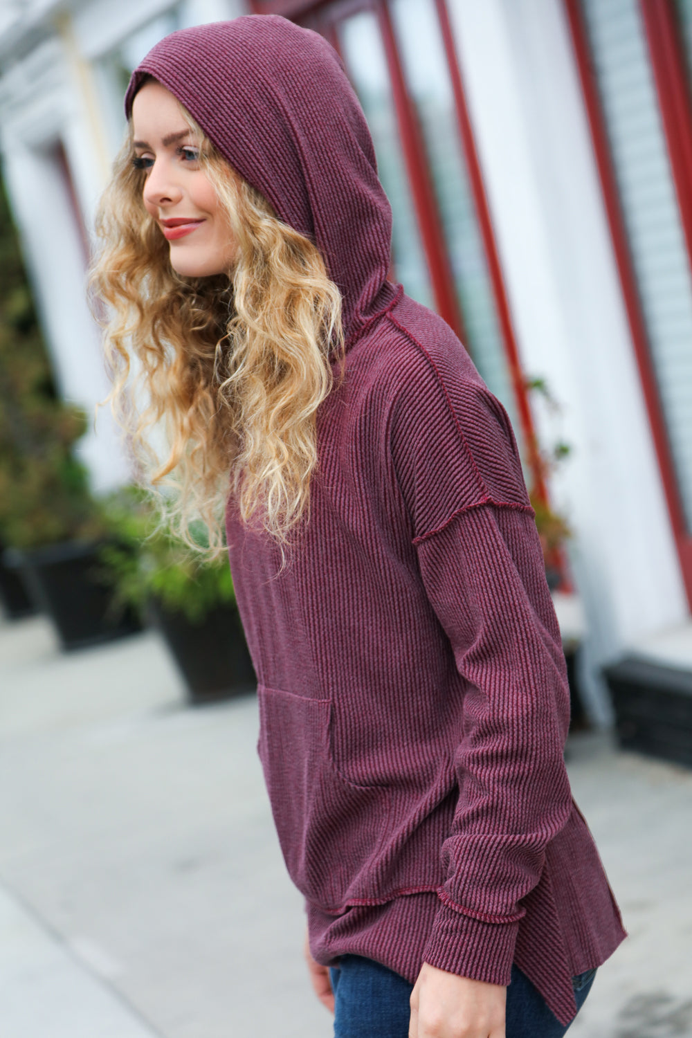 Stylish Burgundy Mineral Wash Rib Knit Hoodie for Women | Soft Casual Pullover Sweatshirt | Perfect for Fall Layering, Coffee Dates & Weekend Errands