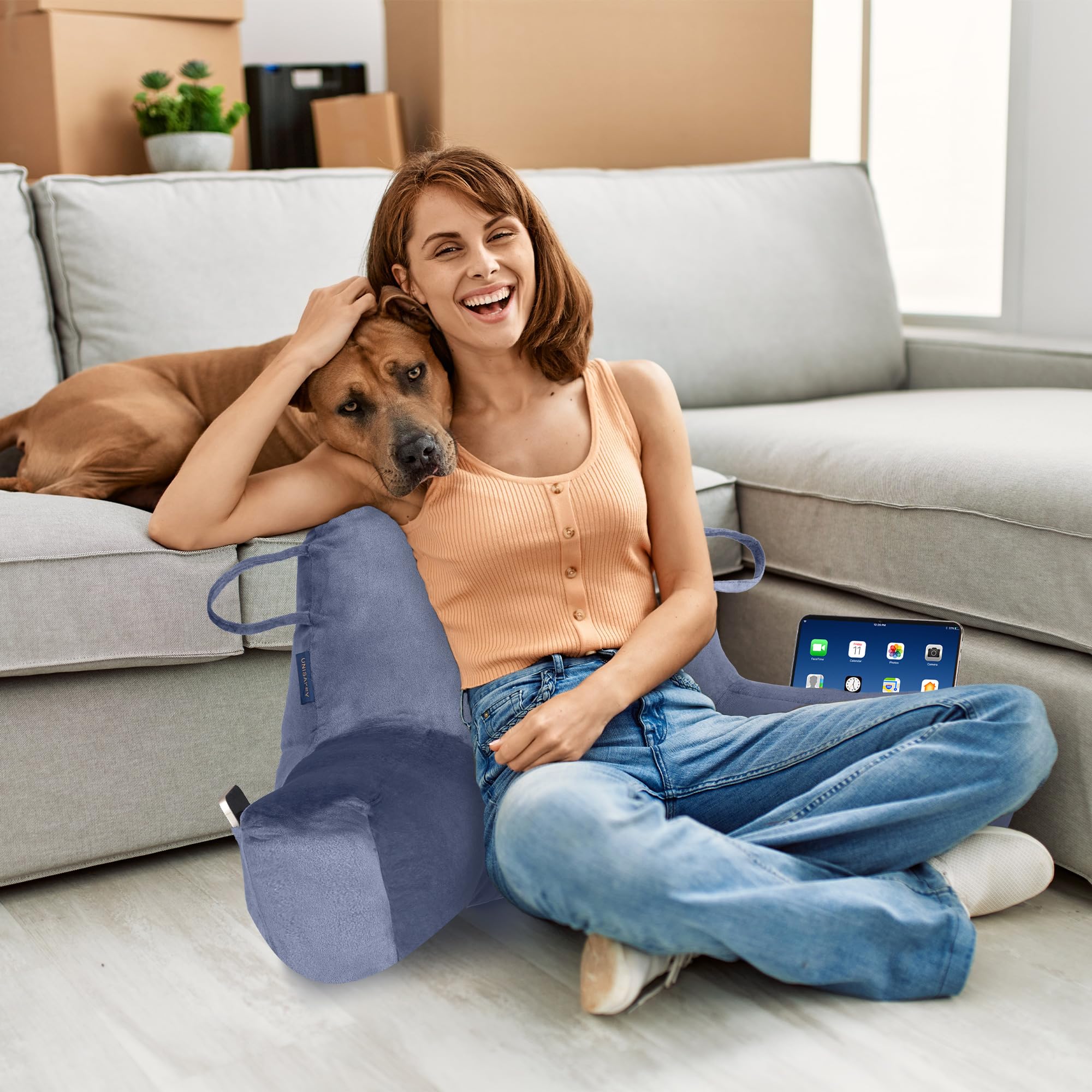 Portable Comfort Reading Pillow for Adults - Blue Bed Pillow with Arms & Storage Pockets, Elastic Sponge & Washable Cover - Perfect for Reading, Watching TV, Gaming & Relaxing in Bed or on the Couch