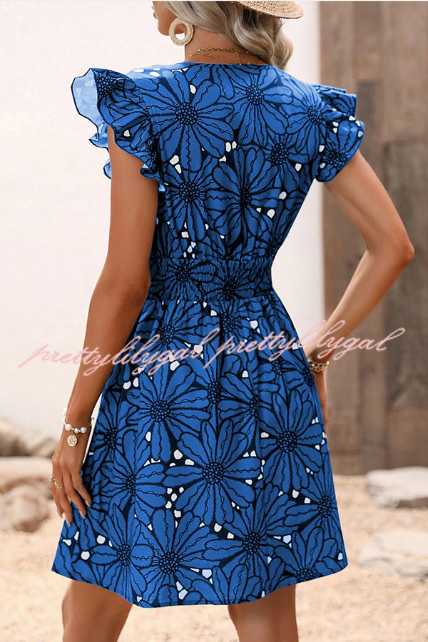Floral Print Ruffle Sleeve Mini Dress with Elastic Waist - Perfect for Weekend Outings, Brunch Dates & Summer Vacations