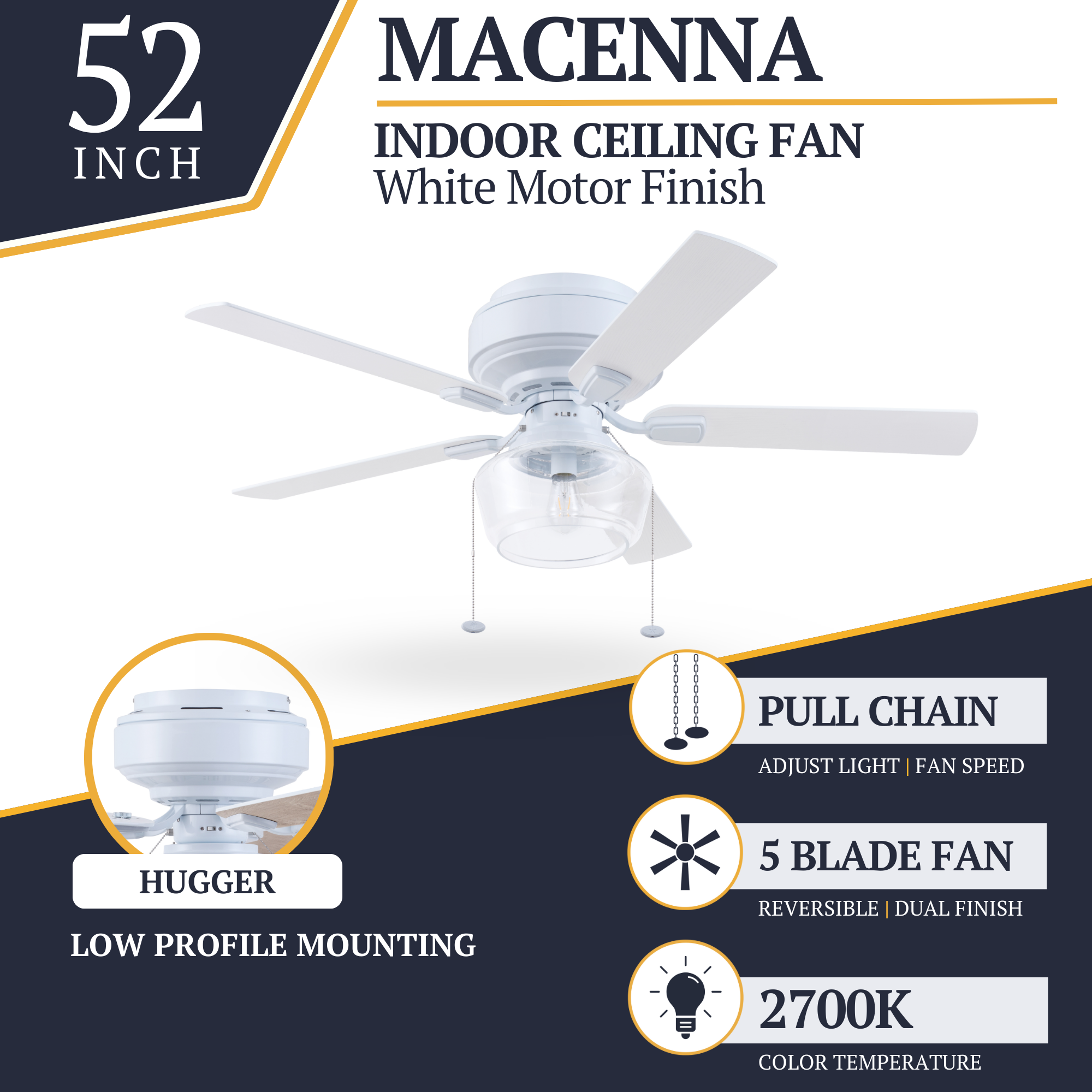 52 Inch White MaCenna Ceiling Fan with Pull Chain & Quick Attach™ - Perfect for Living Room, Bedroom, and Office Spaces