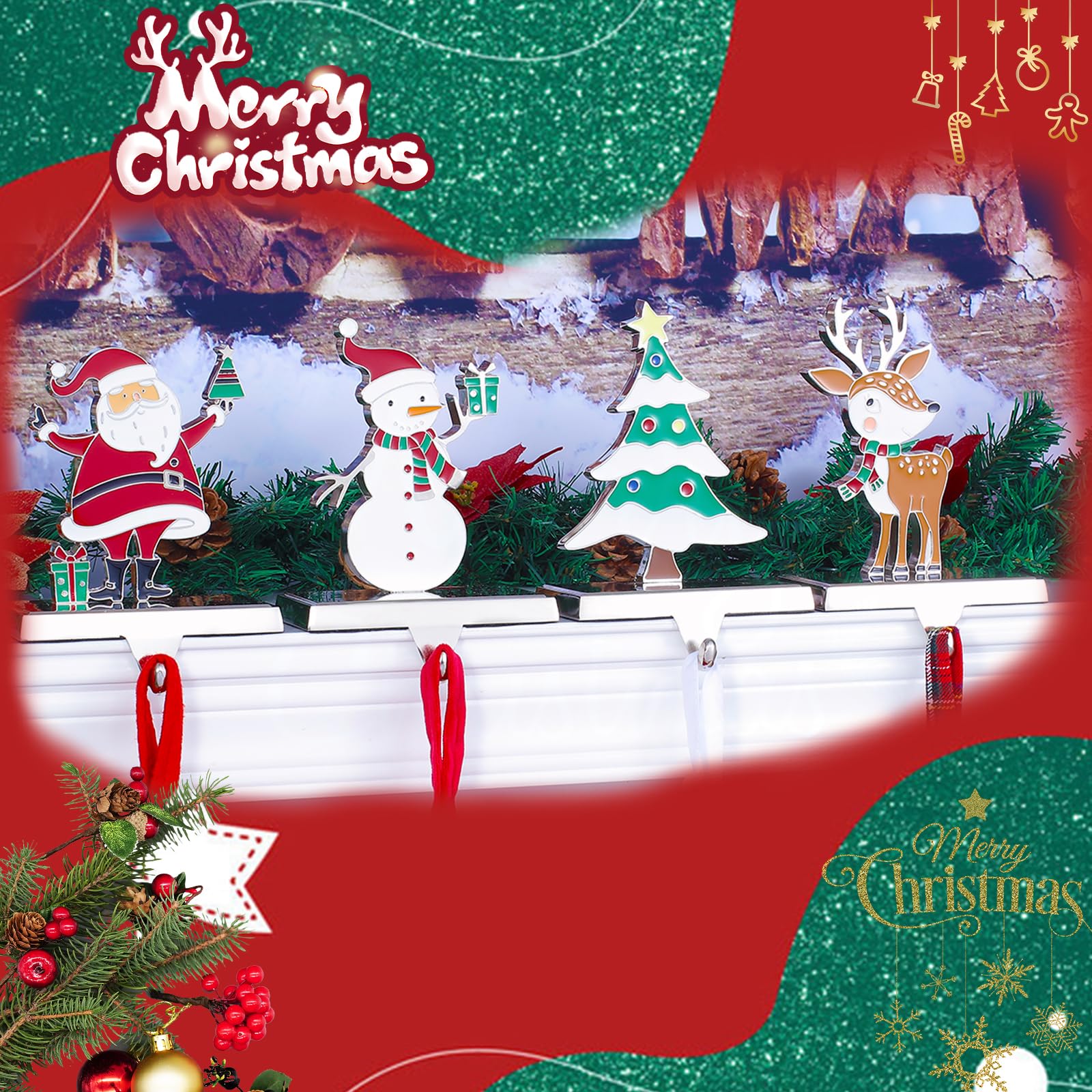 Premium Metal Christmas Stocking Holders - Set of 4 Silver Stocking Hangers for Fireplace Mantel Decor | Holiday Home Decoration & Gift Hanging