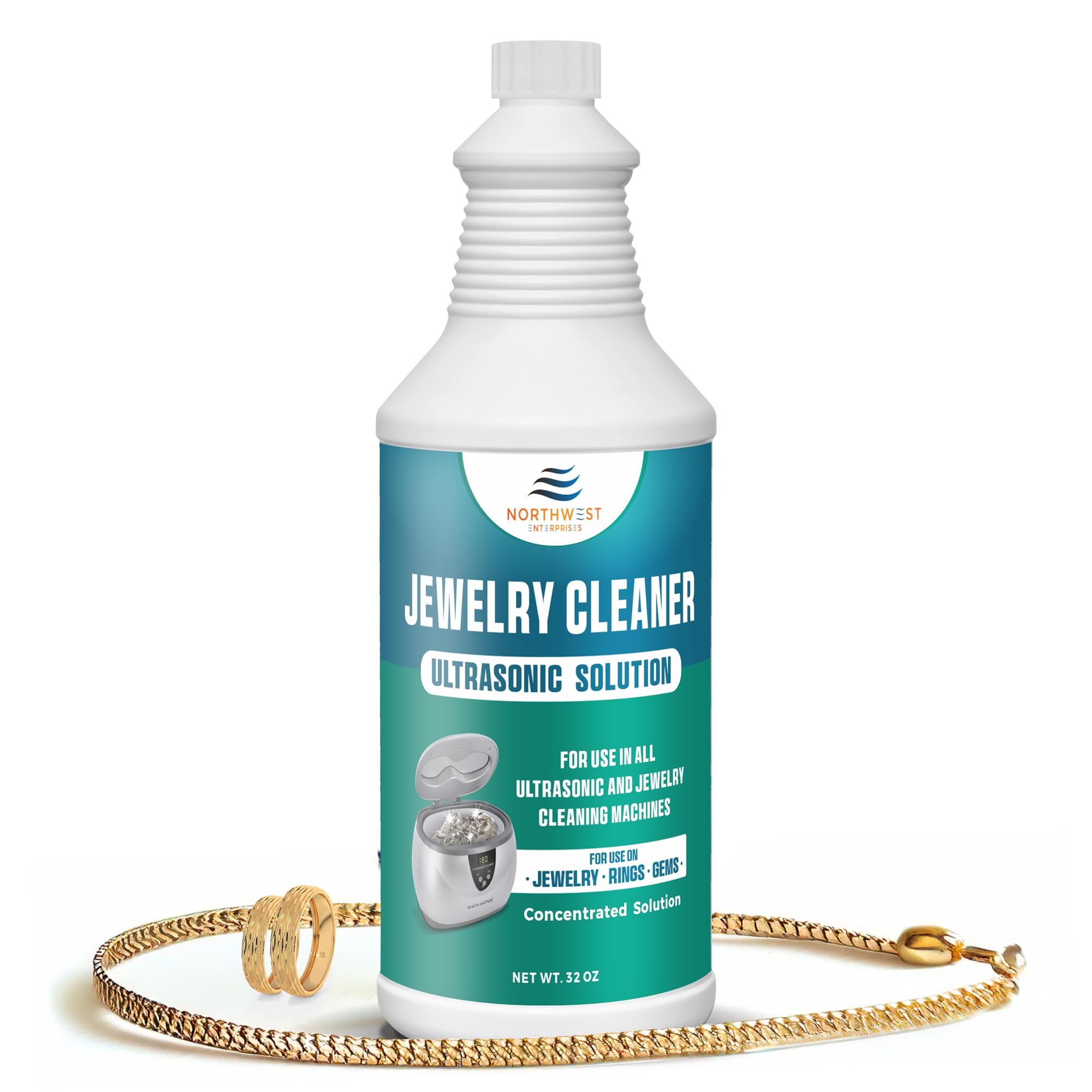 Premium Ultrasonic Jewelry Cleaner Solution - Safely Cleans Gold, Silver, Platinum, Diamonds & Gemstones | Non-Toxic 32oz Formula for Rings, Necklaces, Watches & More | Professional Jewelry Cleaning at Home
