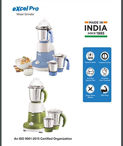 BOSS Excel Pro 750W 3-Jar Mixer Grinder with Variable Speed - Powerful Kitchen Blender for Spices, Chutneys & Smoothies - 110V Electric Food Processor (Blue) - Perfect for Indian Cooking, Meal Prep & Healthy Juicing