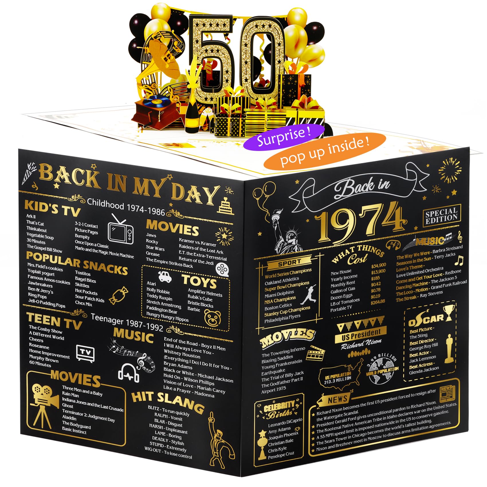 3D Pop Up 50th Birthday Card for Men & Women - Funny 1974 Vintage Design - Perfect 50 Year Old Birthday Gift for Him or Her - Great for Party Decorations & Milestone Celebrations