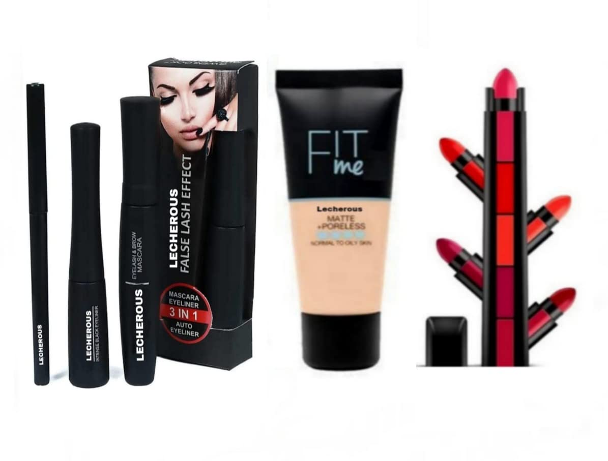 Waterproof 3-in-1 Makeup Combo: Eyeliner, Mascara with Kajal & Matte Liquid Foundation + 5-in-1 Lipstick - Perfect for Daily Wear, Parties & Special Occasions