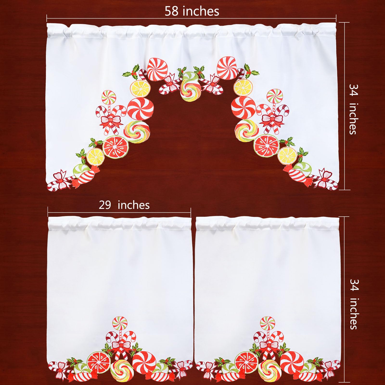 Simhomsen Embroidered Candy Cane Christmas Kitchen Window Curtain Set - Holiday Swag & Tiered Valance for Festive Home Decor - Perfect for Holiday Kitchen, Dining Room & Christmas Party Decorations