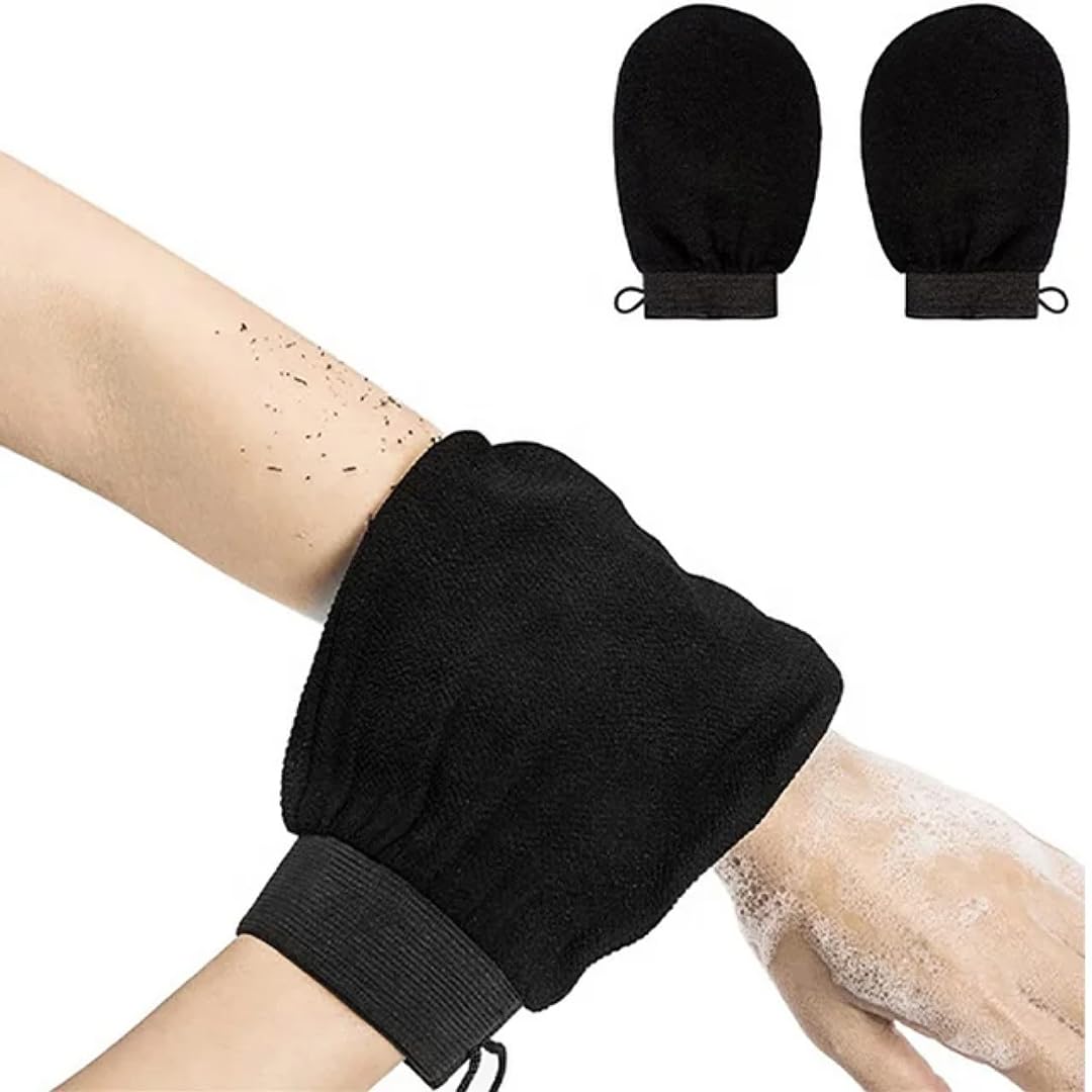 HAUSHUT 100% Viscose Fiber Reusable Exfoliating Bath Gloves for Dead Skin & Tan Removal - Soft Body Scrub Mittens for Men, Women & Girls (Black, 1 Pair) - Perfect for Spa, Shower & Skincare Routine